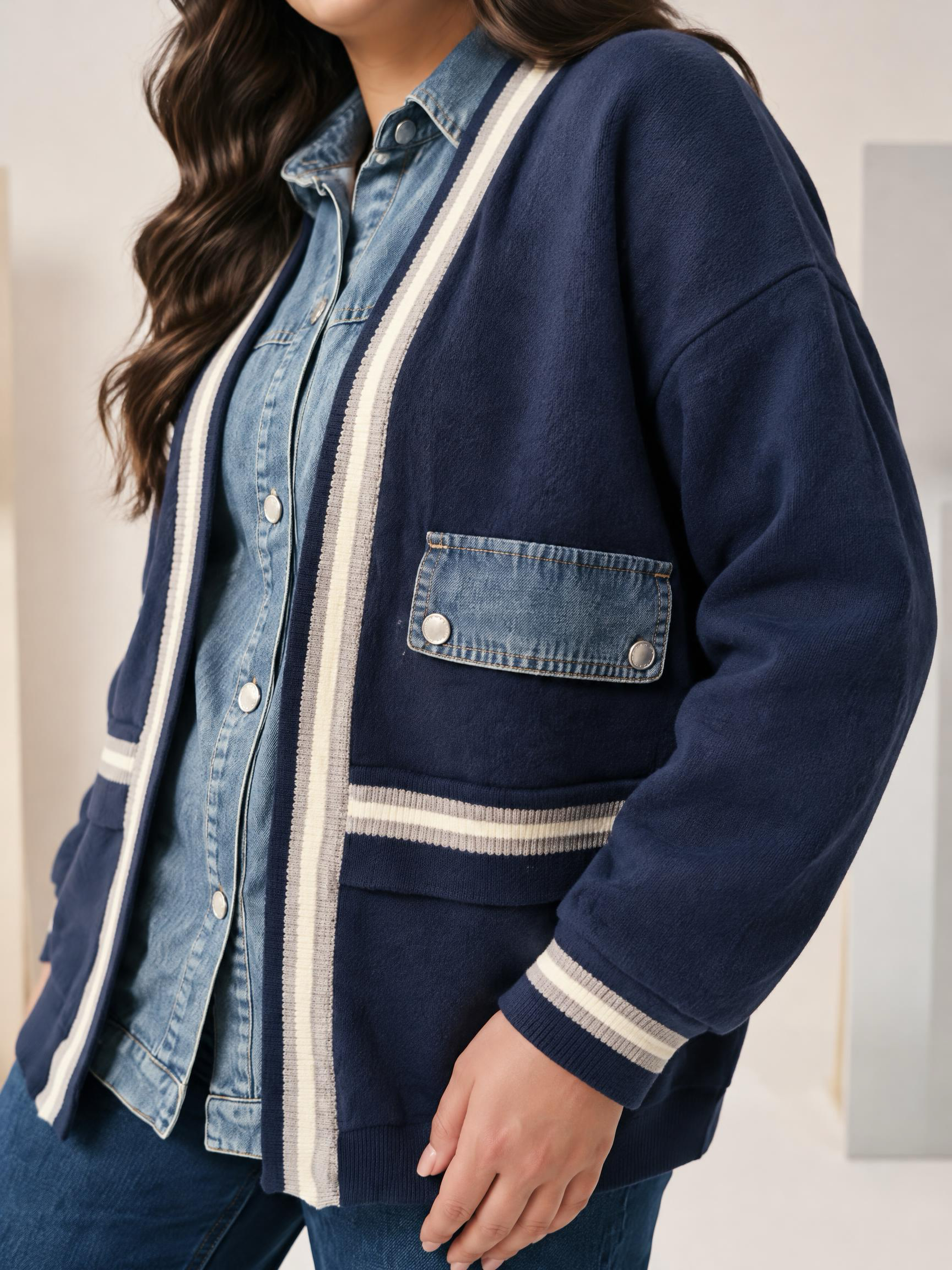 Cardigan premium bleumarin cu detalii din denim