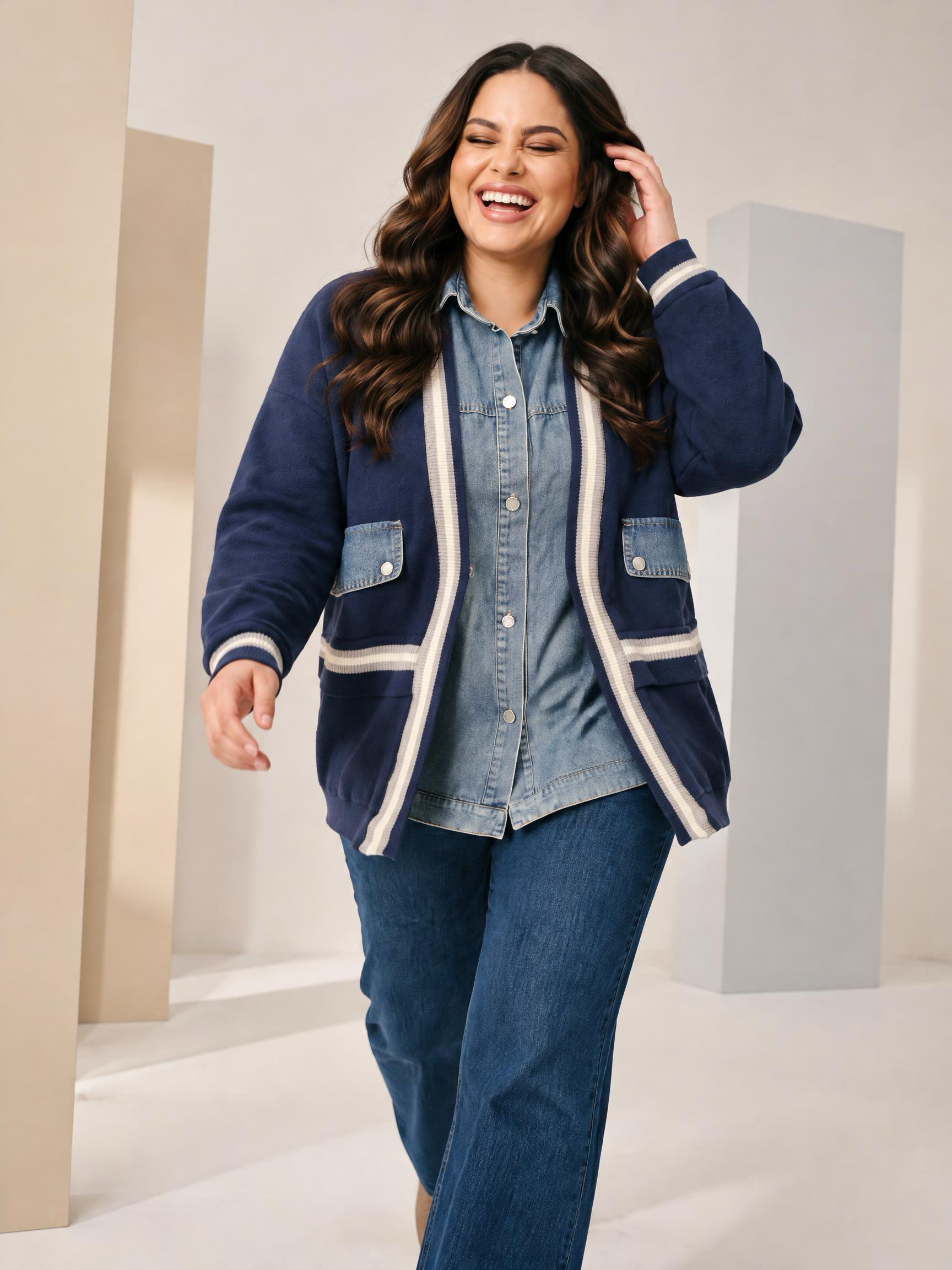Cardigan premium bleumarin cu detalii din denim