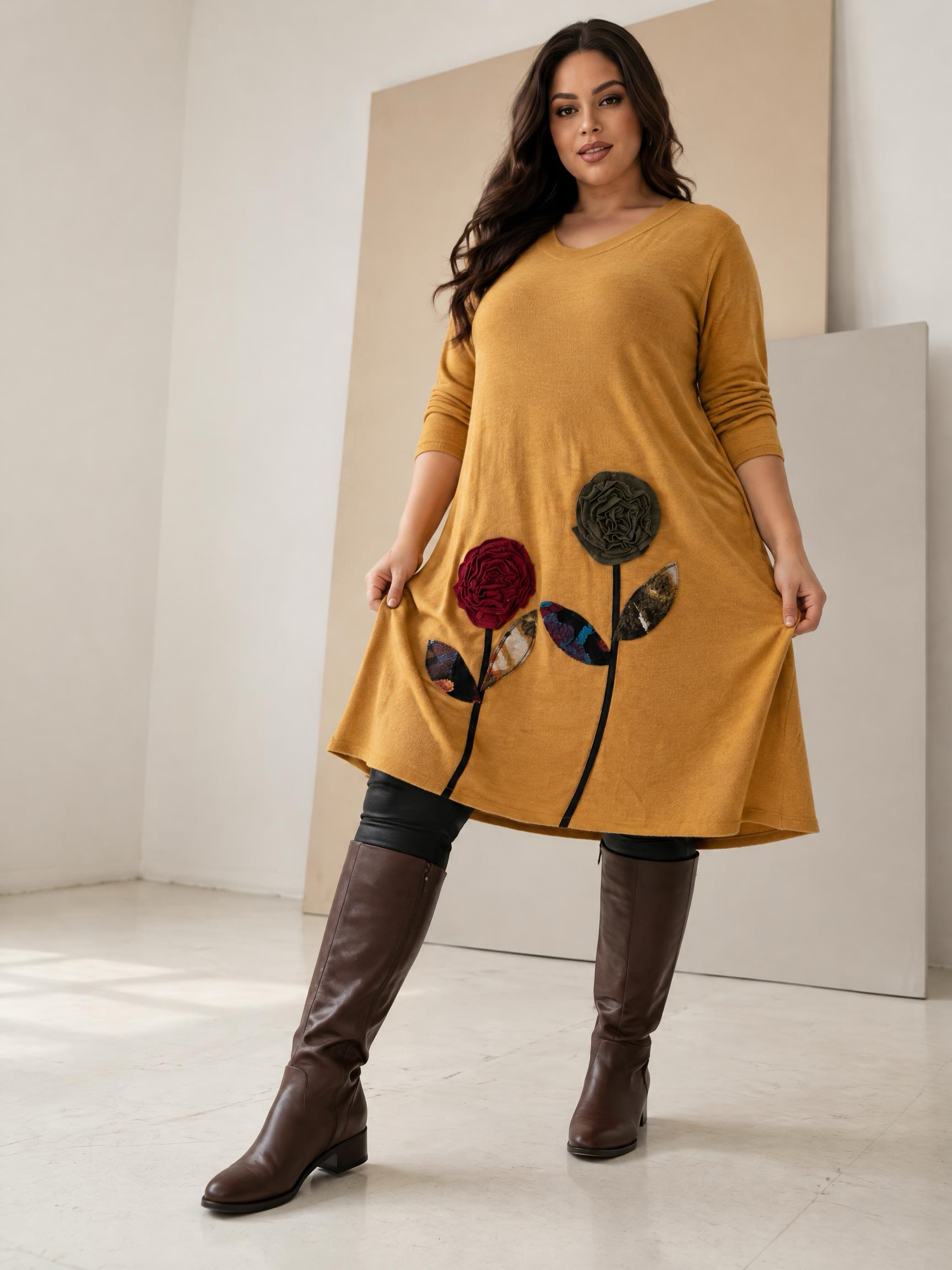 Rochie groasă evazată cu flori 3D culoare muștar
