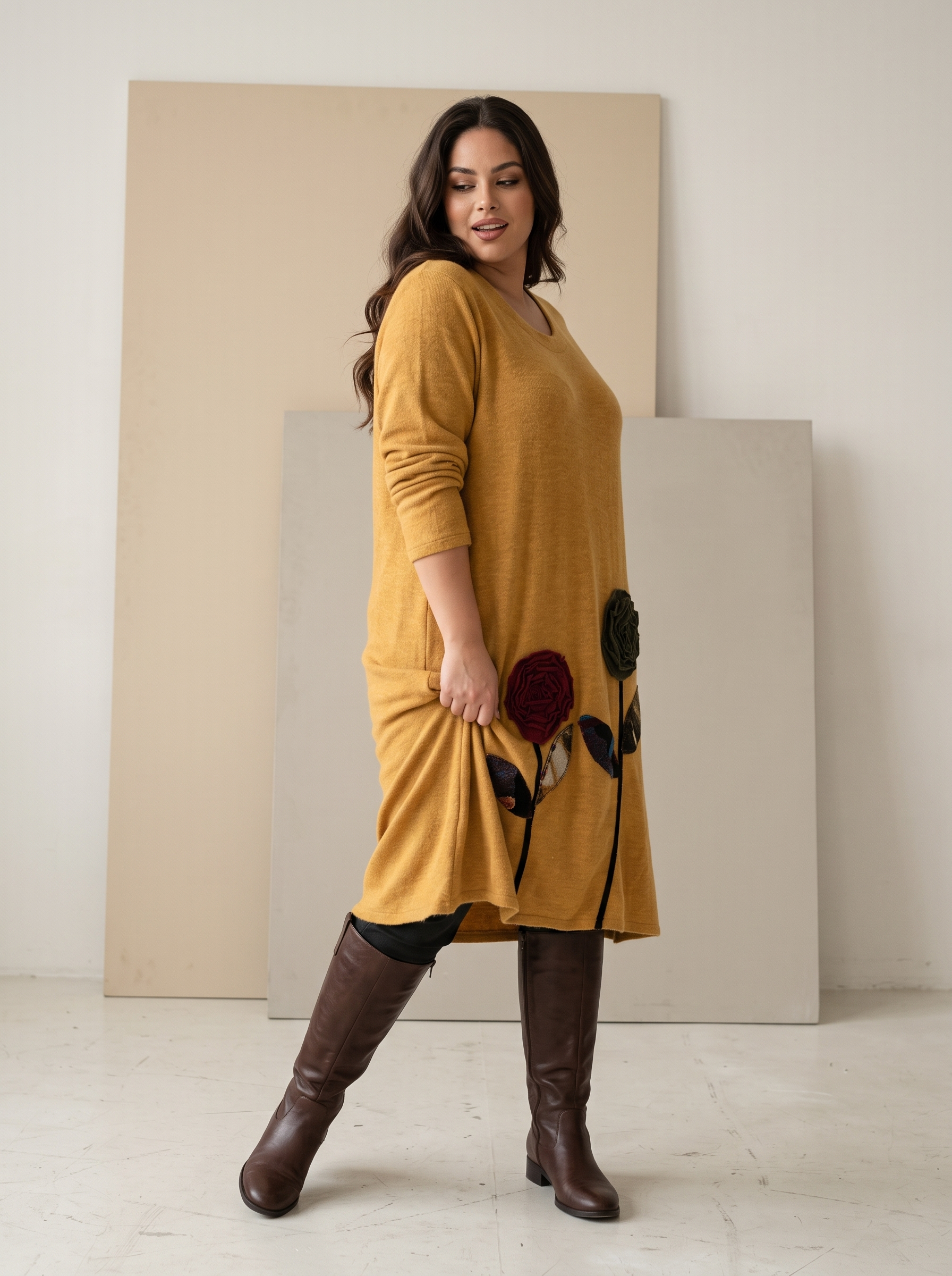 Rochie groasă evazată cu flori 3D culoare muștar