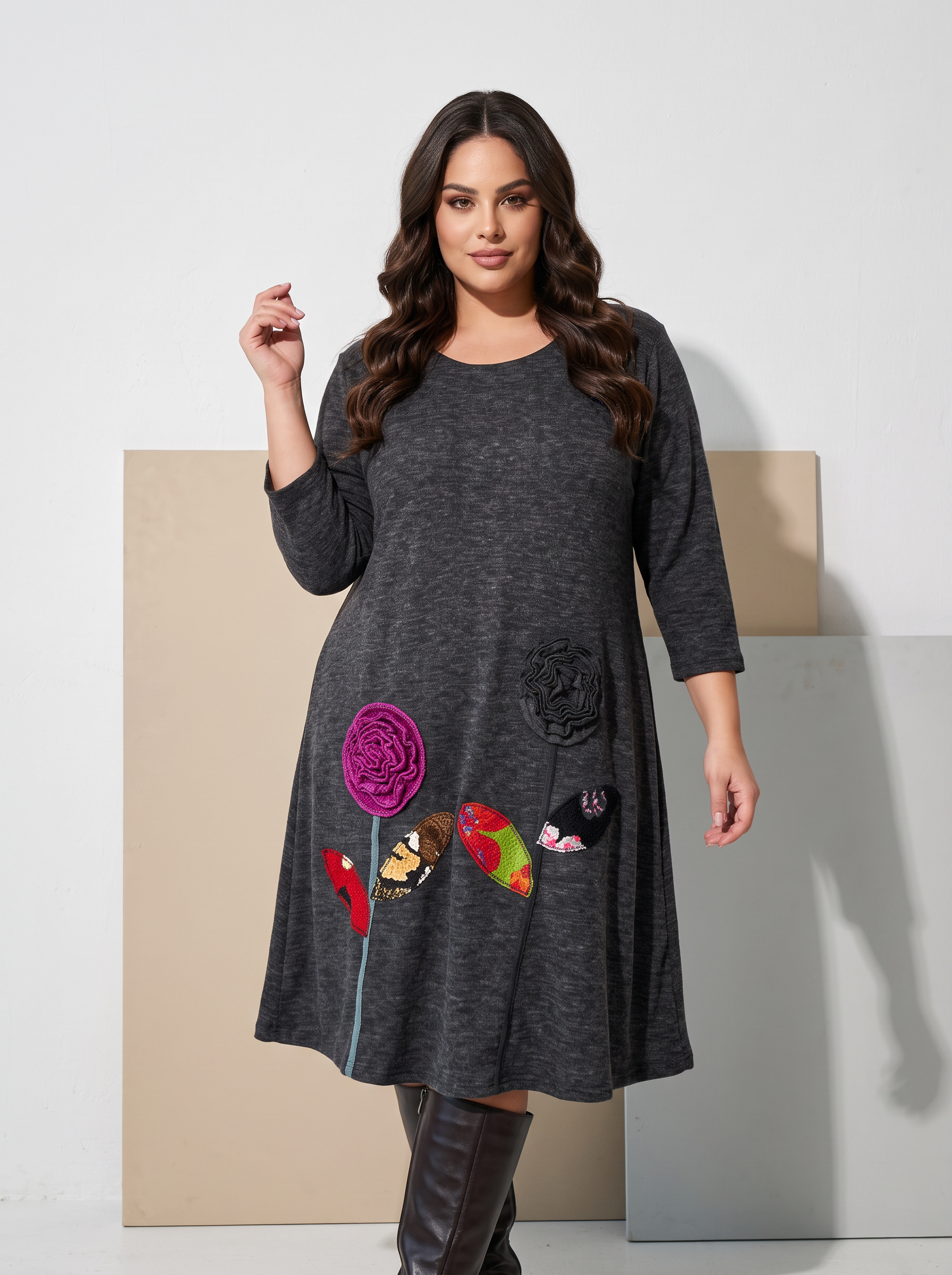 Rochie groasă evazată cu flori 3D culoare grafit