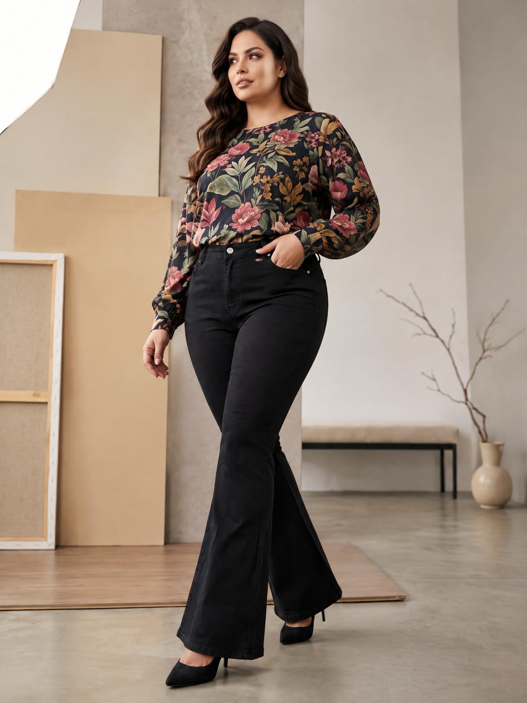 Blugi negri elastici cu design modern PLUS SIZE