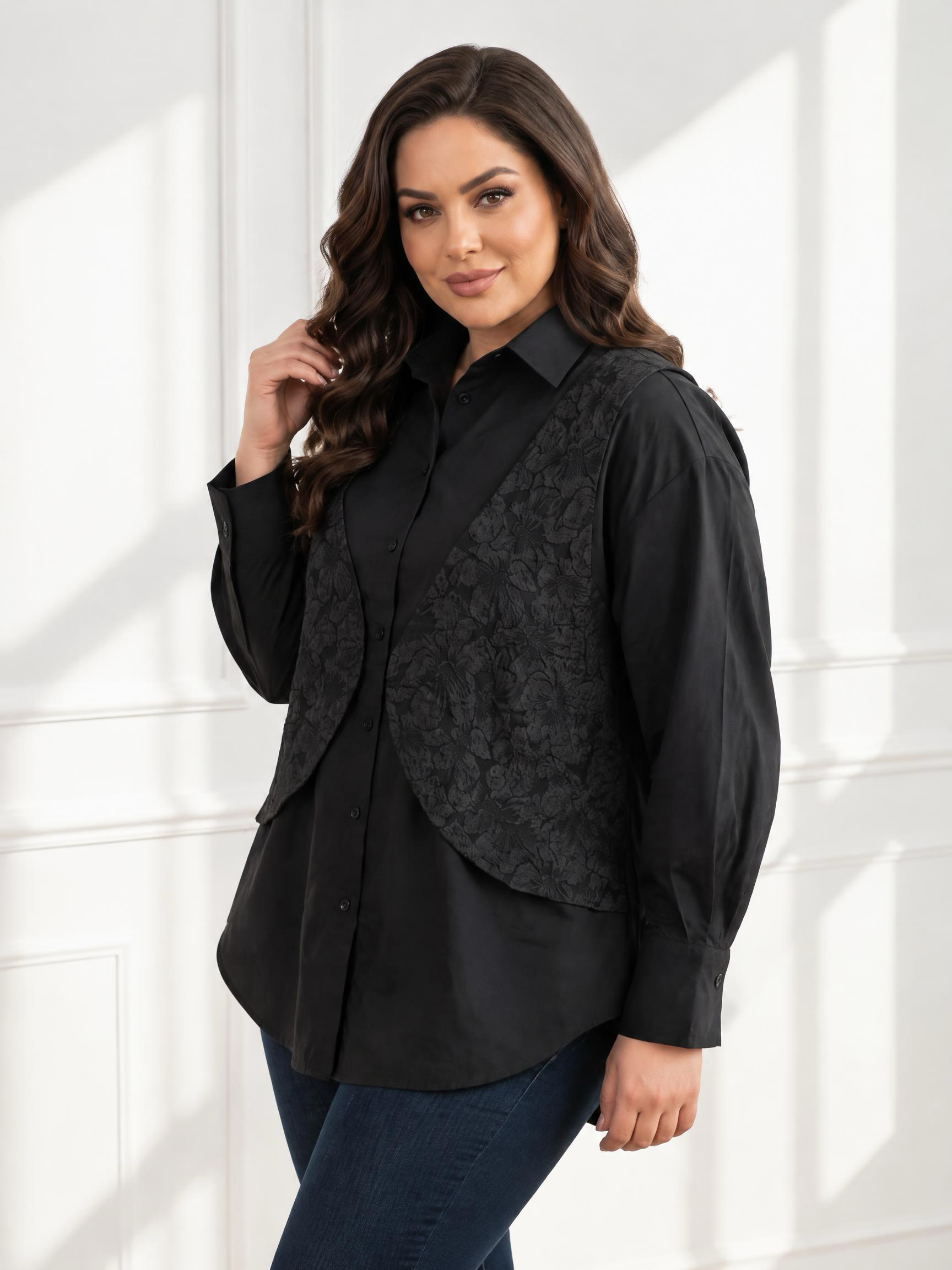Cămașă neagră 2 în 1 cu vestă cusută PLUS SIZE