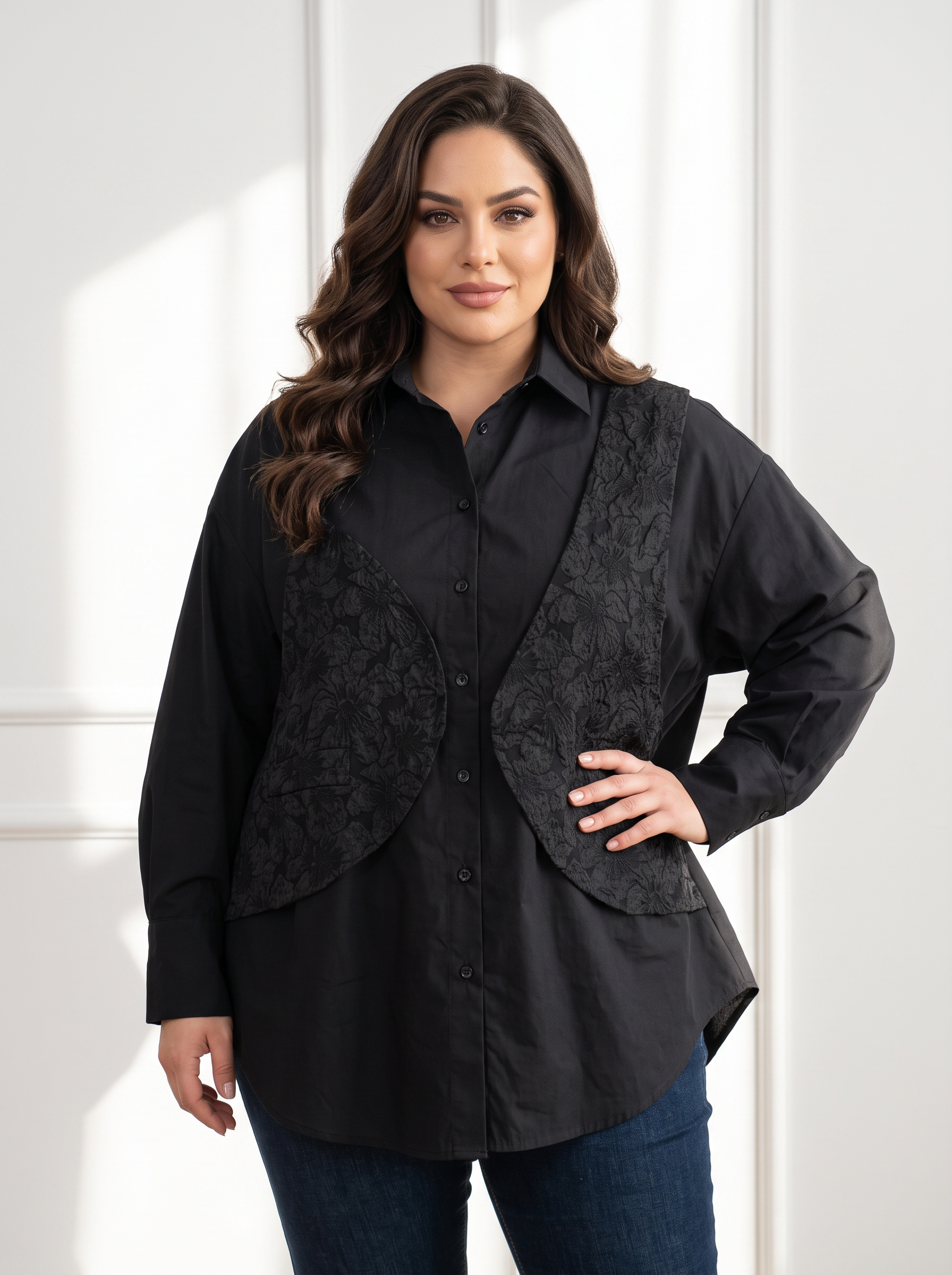 Cămașă neagră 2 în 1 cu vestă cusută PLUS SIZE