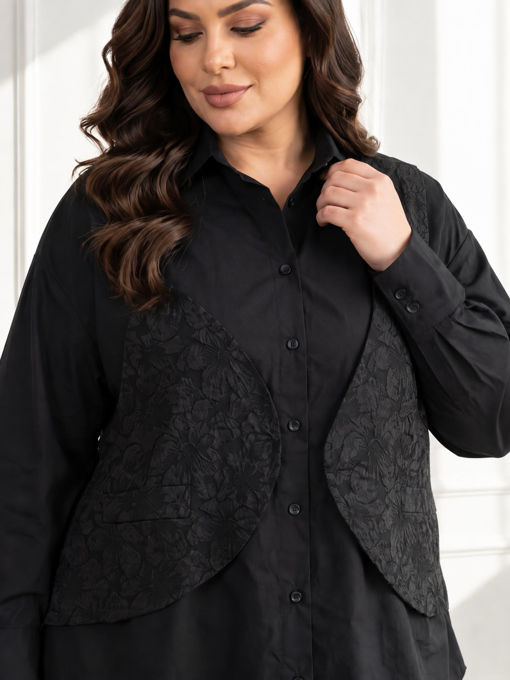 Cămașă neagră 2 în 1 cu vestă cusută PLUS SIZE