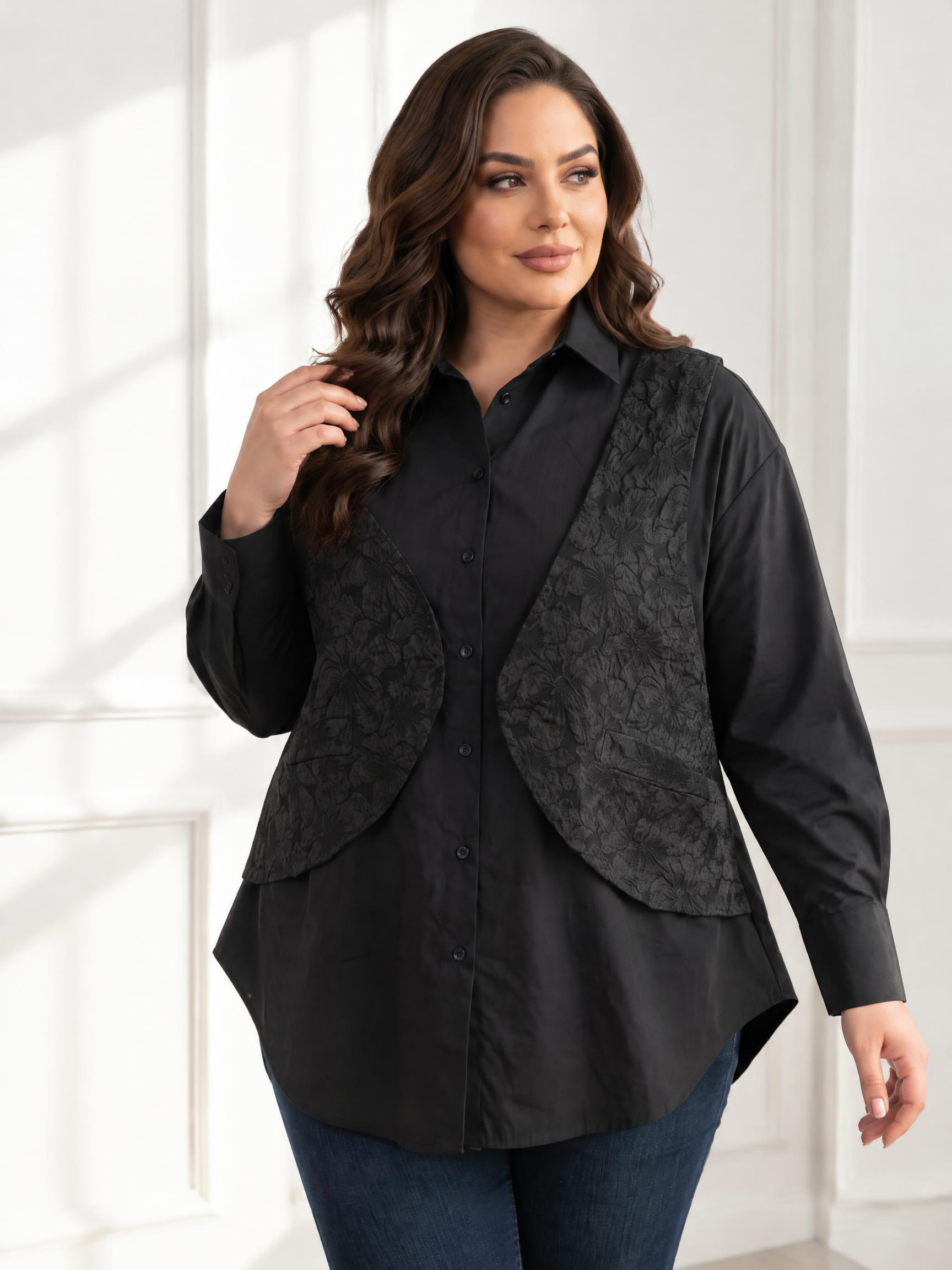 Cămașă neagră 2 în 1 cu vestă cusută PLUS SIZE