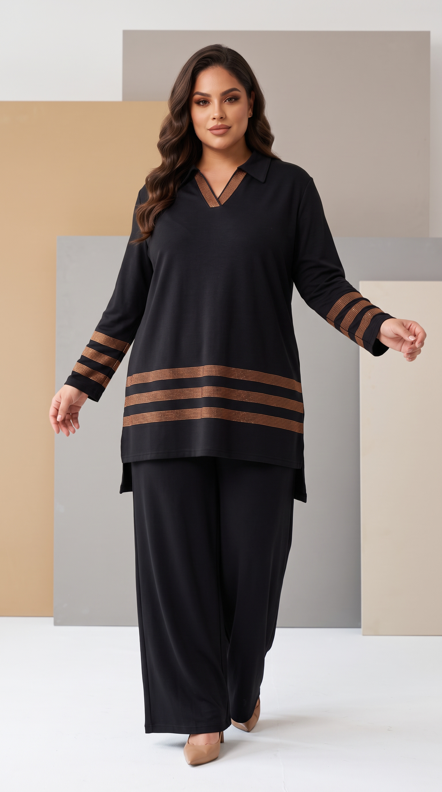 Compleu modern negru cu tunică și pantaloni în stil sport-elegant