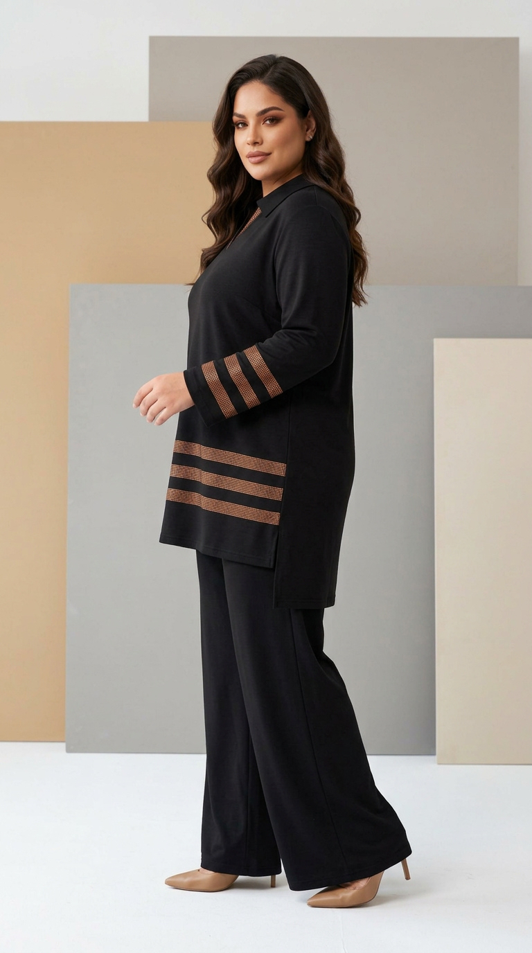 Compleu modern negru cu tunică și pantaloni în stil sport-elegant
