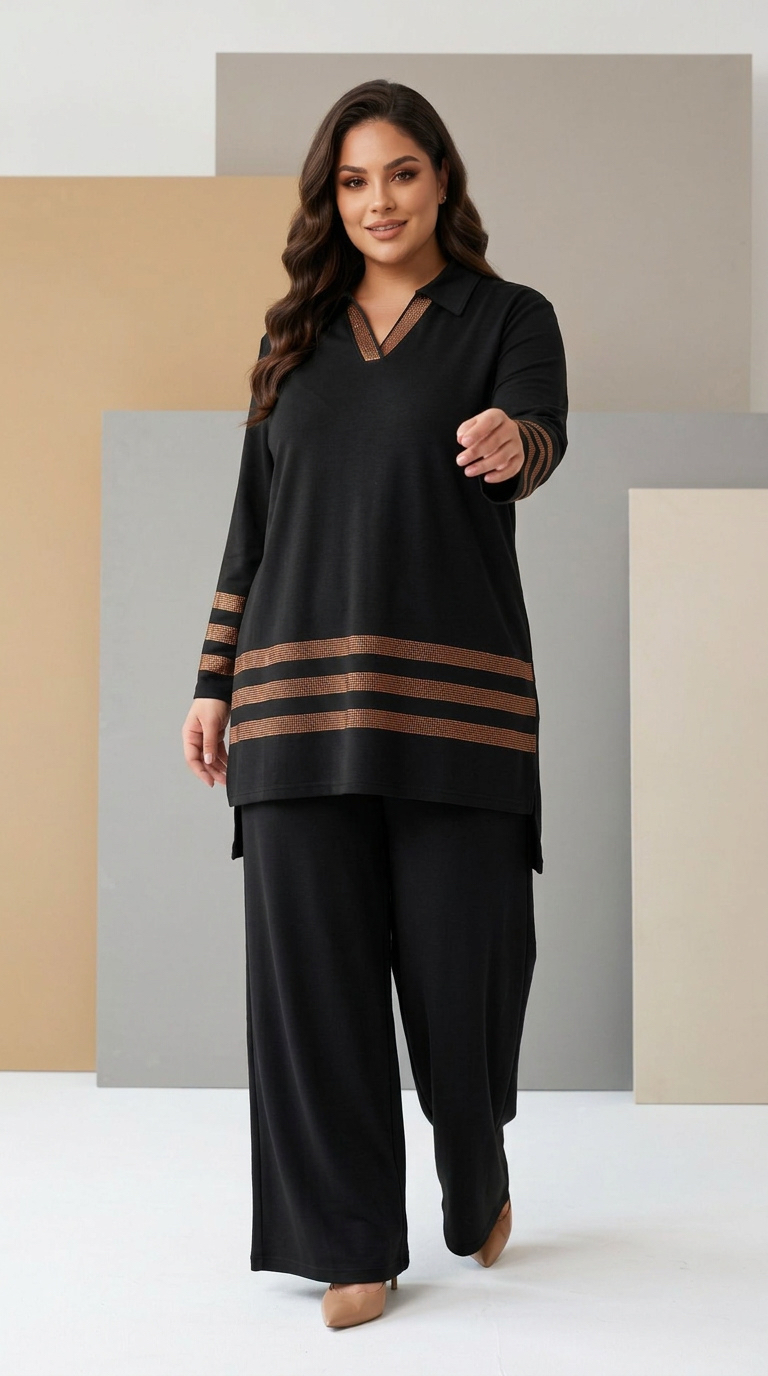 Compleu modern negru cu tunică și pantaloni în stil sport-elegant