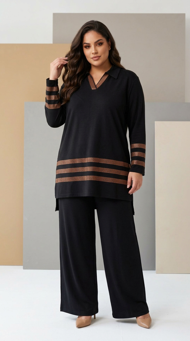 Compleu modern negru cu tunică și pantaloni în stil sport-elegant