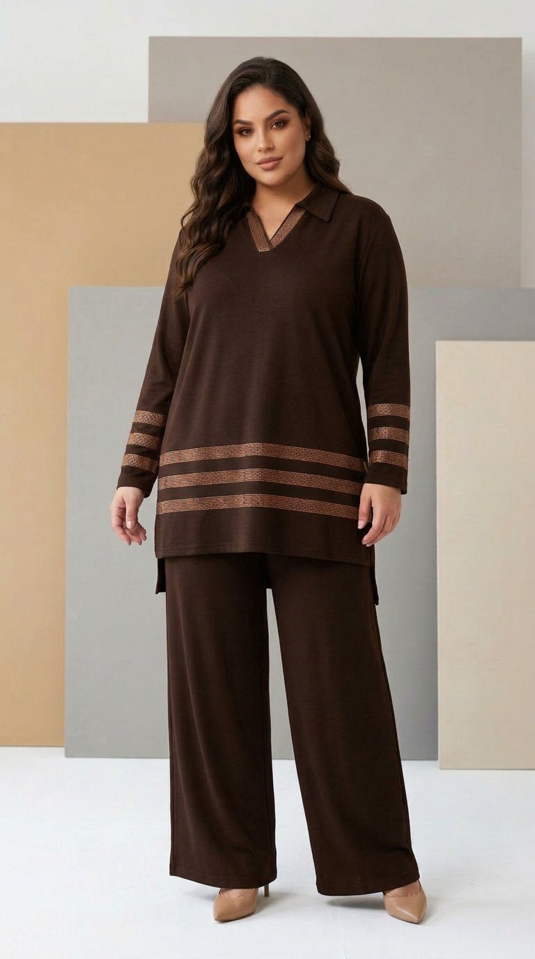Compleu modern în culoarea cafelei cu tunică și pantaloni în stil sport-elegant