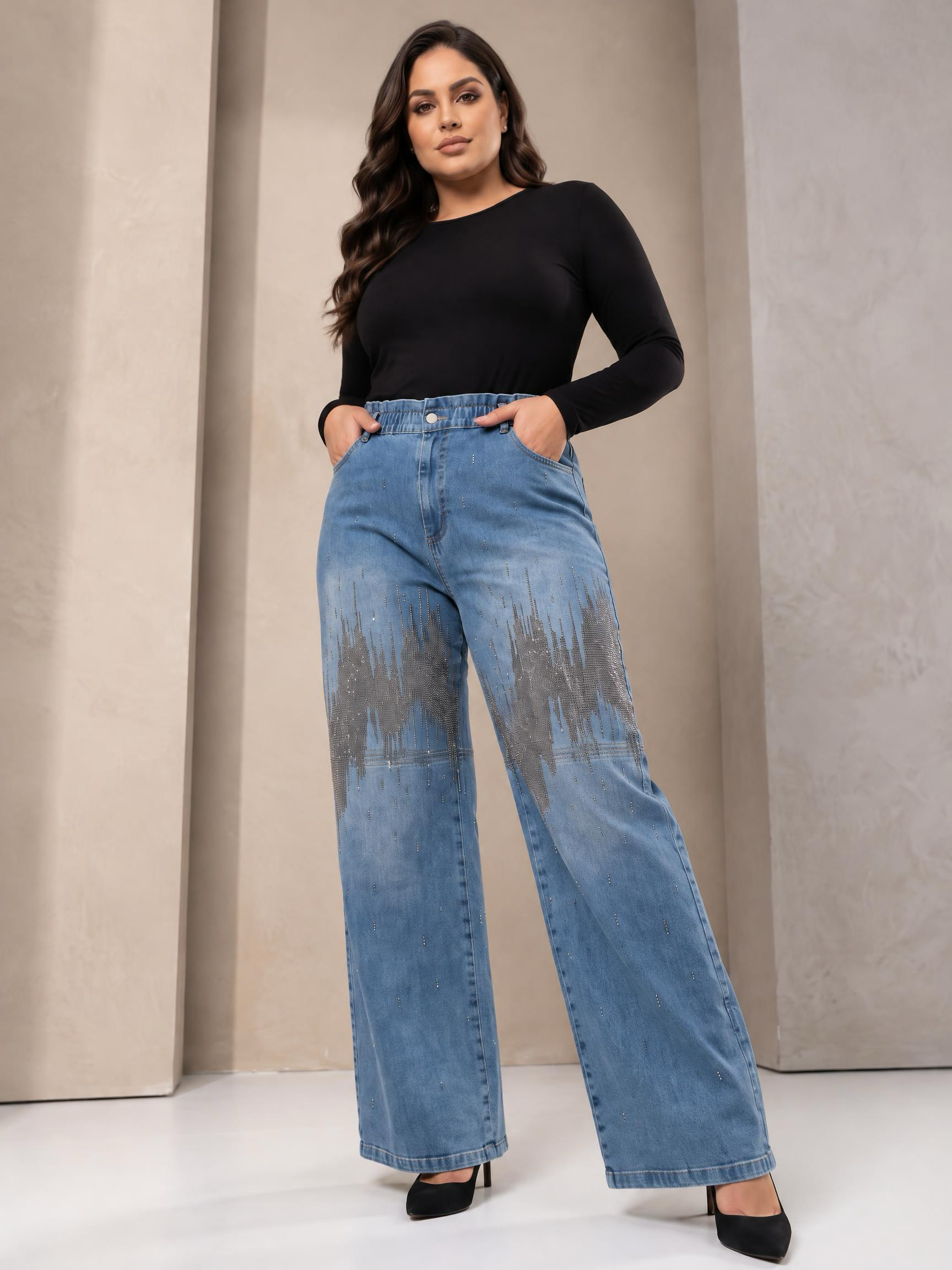 Blugi maxi de tip boutique cu croială largă din material elastic