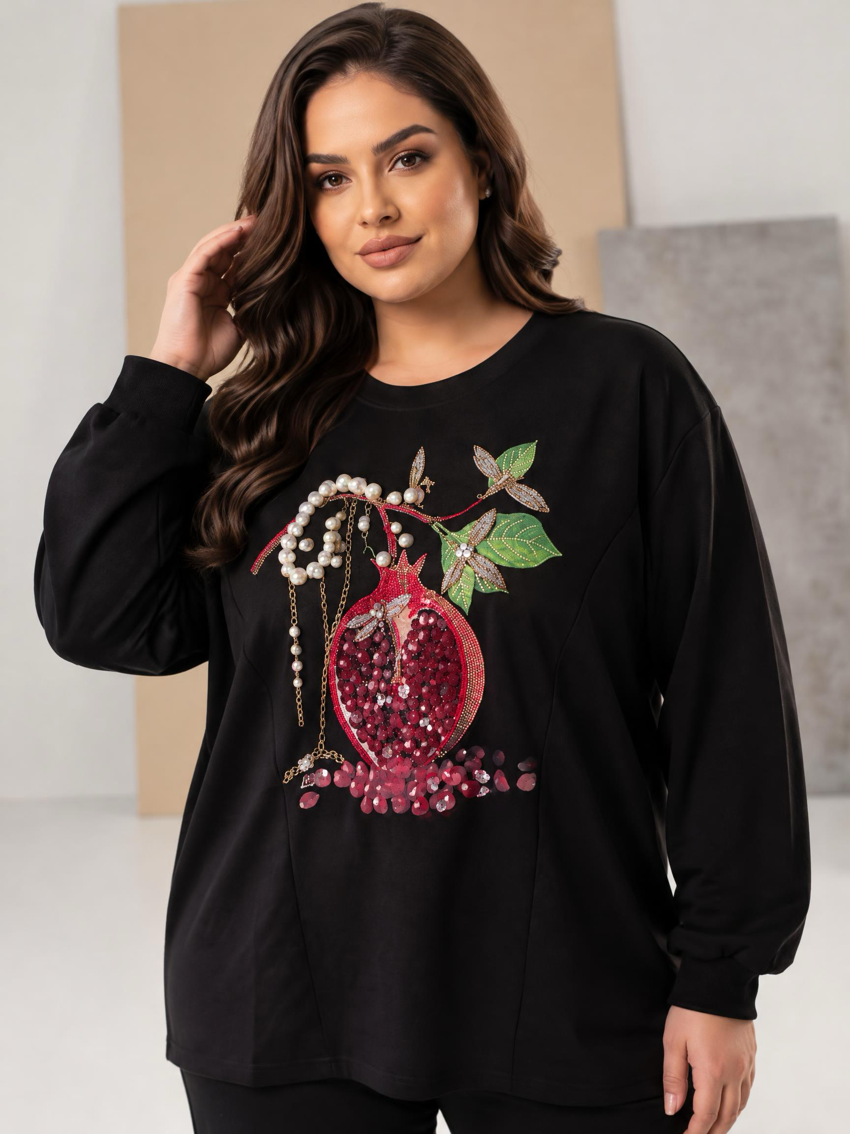 Compleu de lux bluza cu decorație de rodie perle și pietricele