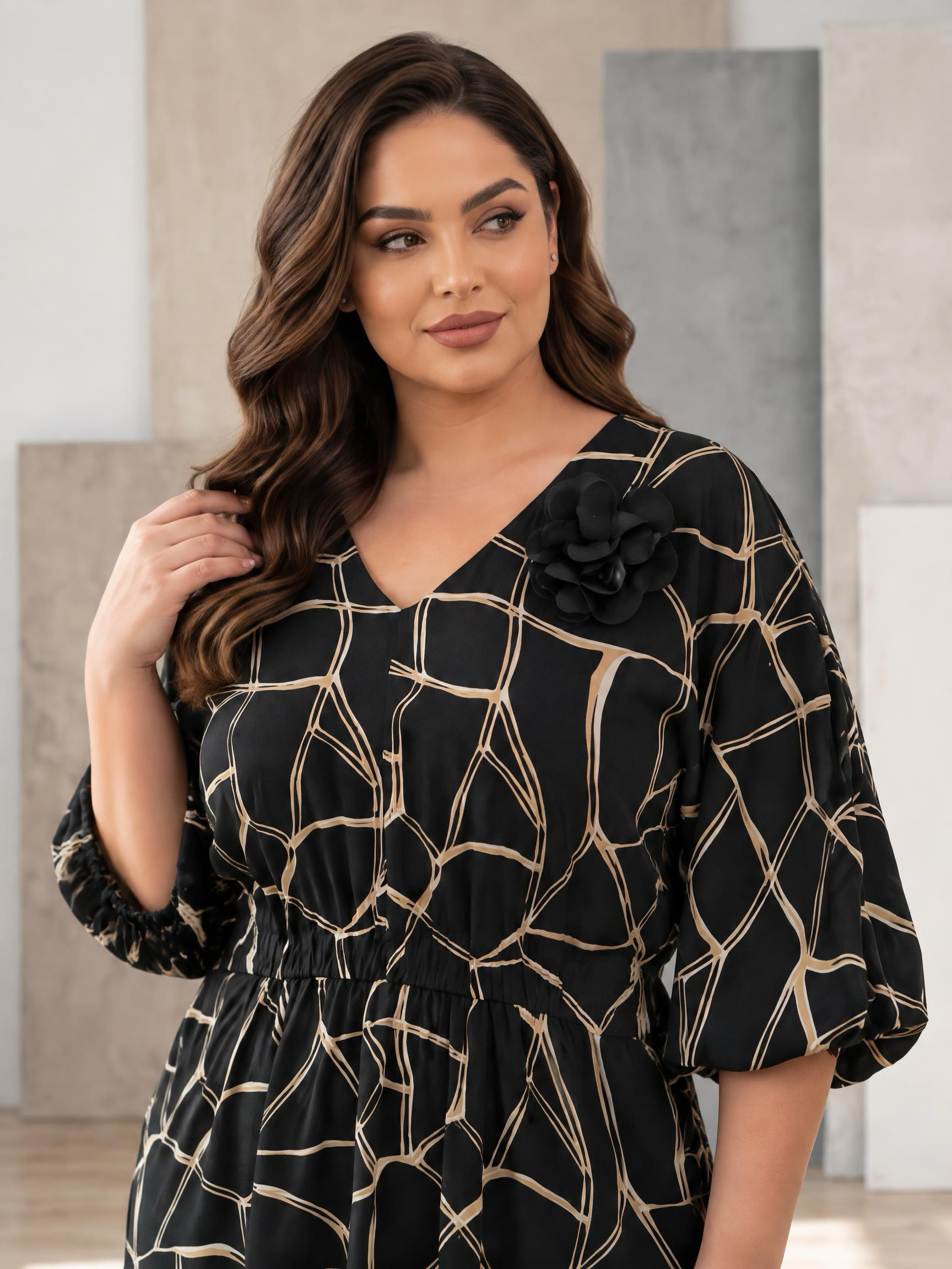 Rochie elegantă de lux alb-negru cu mâneci bufante 