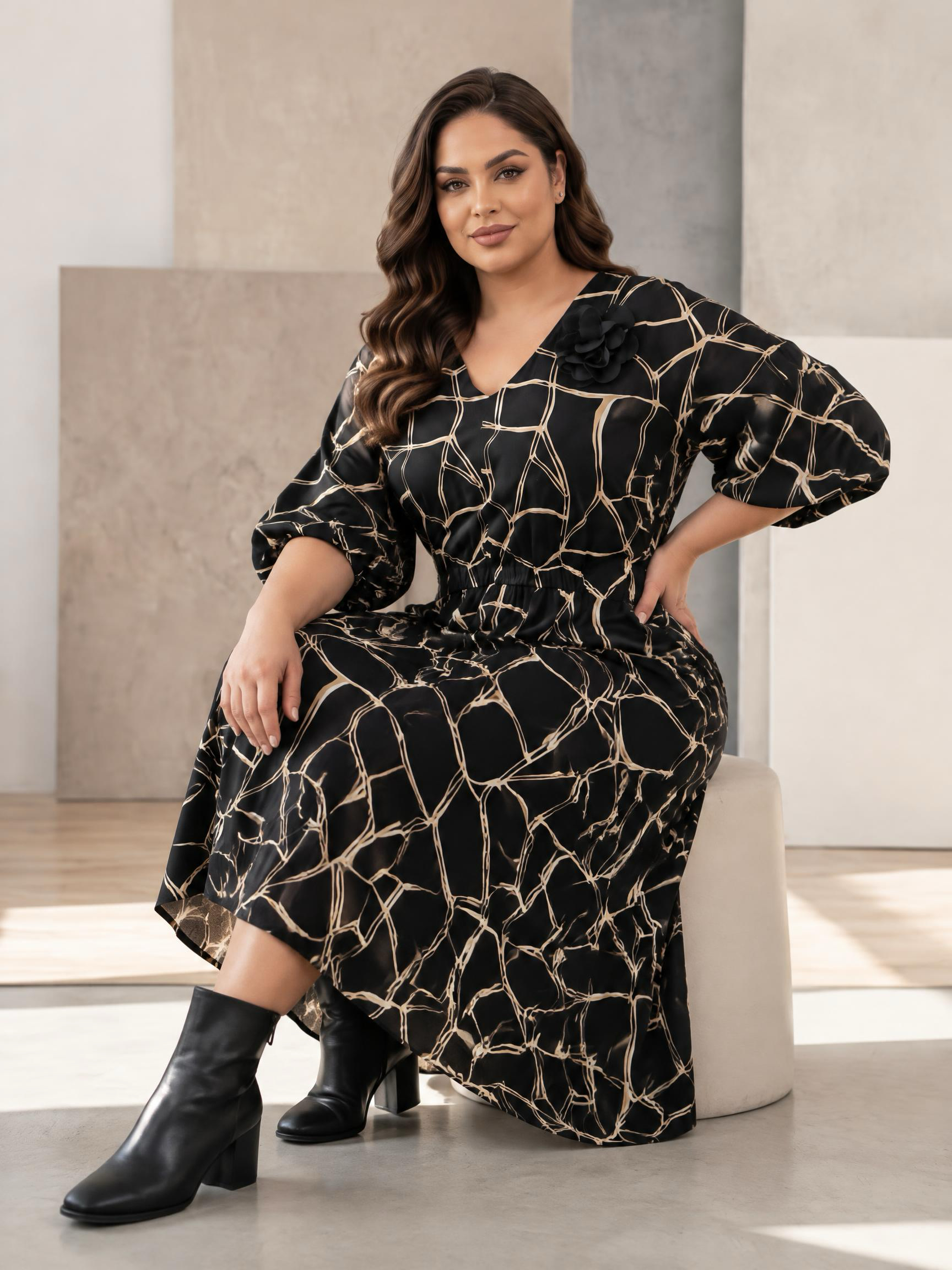 Rochie elegantă de lux alb-negru cu mâneci bufante 