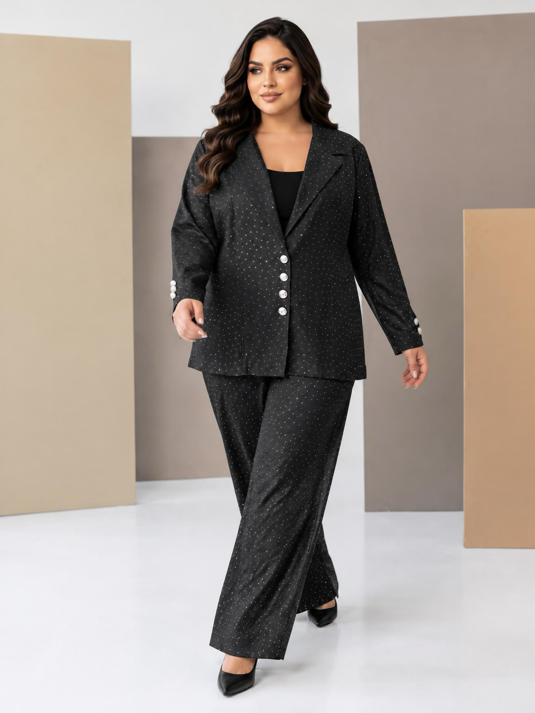 Compleu elegant de boutique cu sacou și pantaloni cu detalii strălucitoare