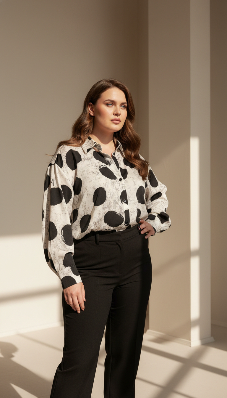 Cămașă elegantă plus size ecru cu buline
