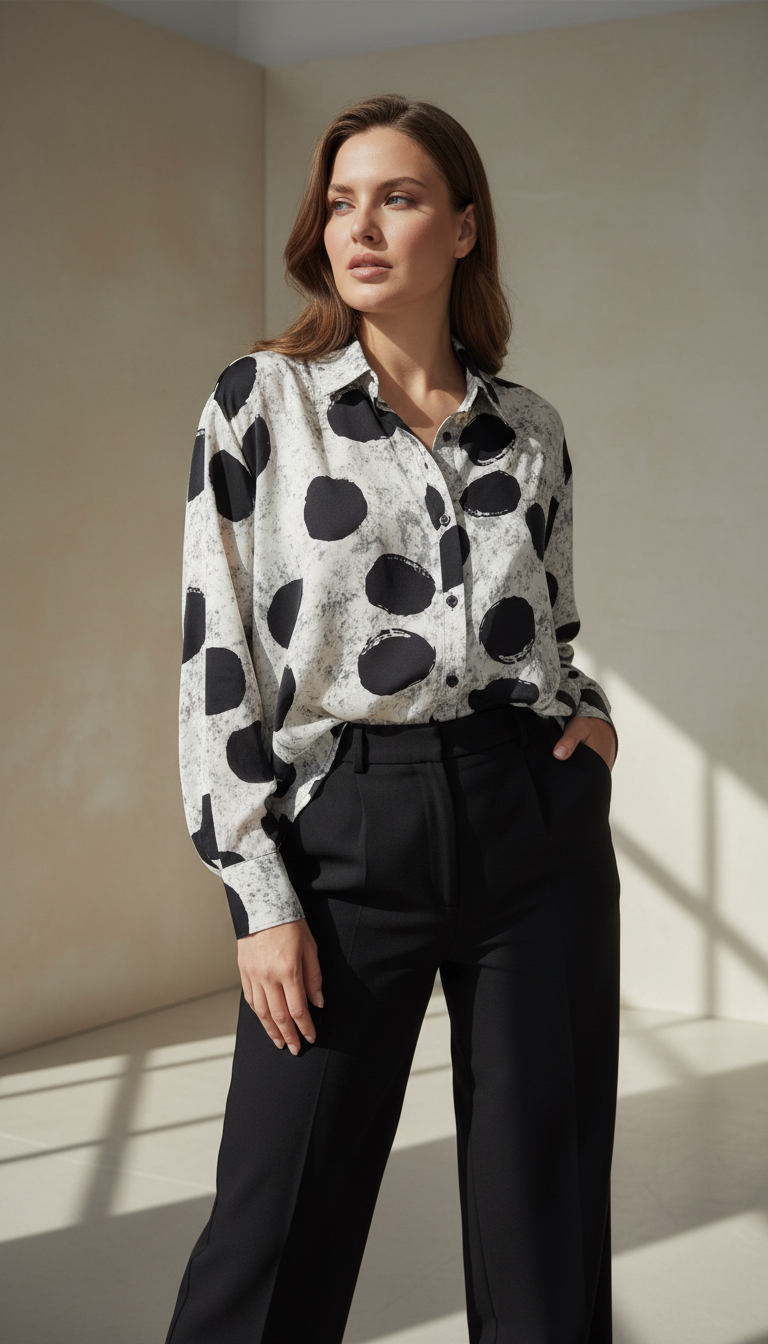 Cămașă elegantă plus size ecru cu buline