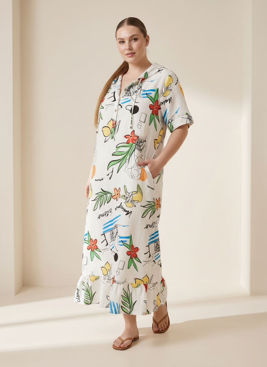 Rochie de vară lejeră cu buzunare și glugă
