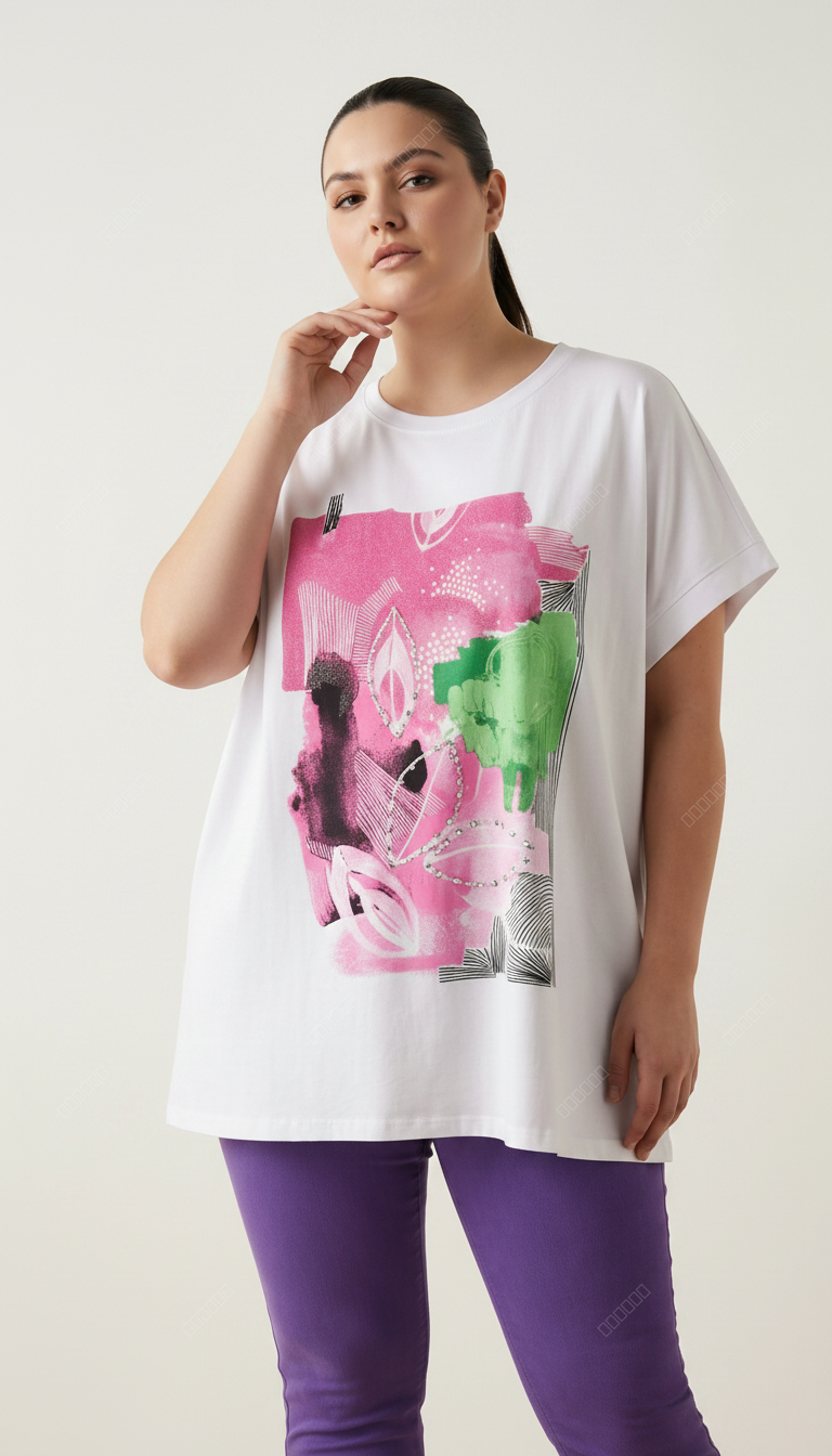 Tricou de damă alb din bumbac cu împrimeu roz