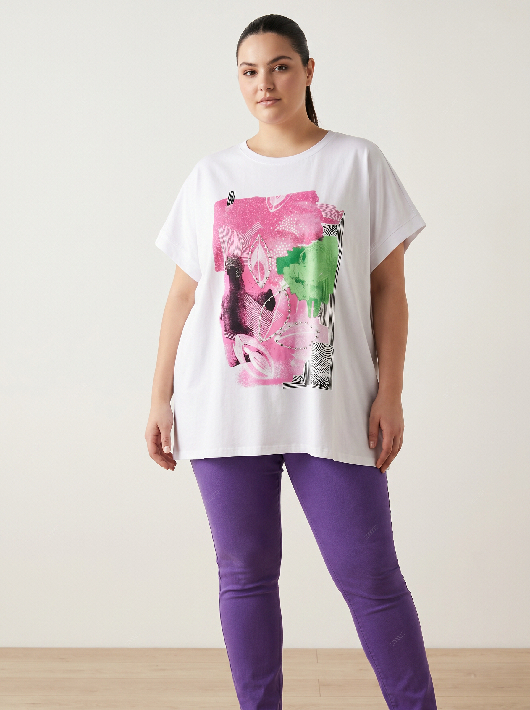 Tricou de damă alb din bumbac cu împrimeu roz