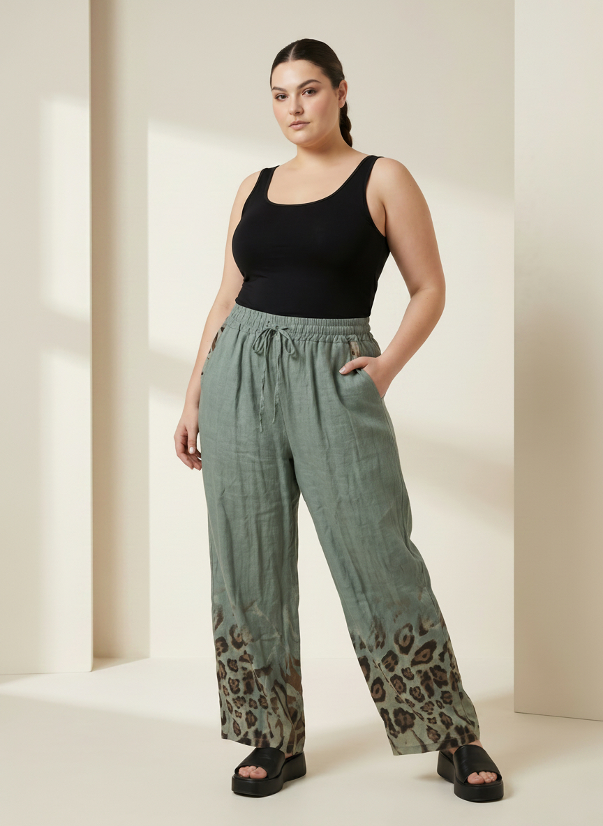 Pantaloni din in culoare salvie croială lejeră cu accent animalier