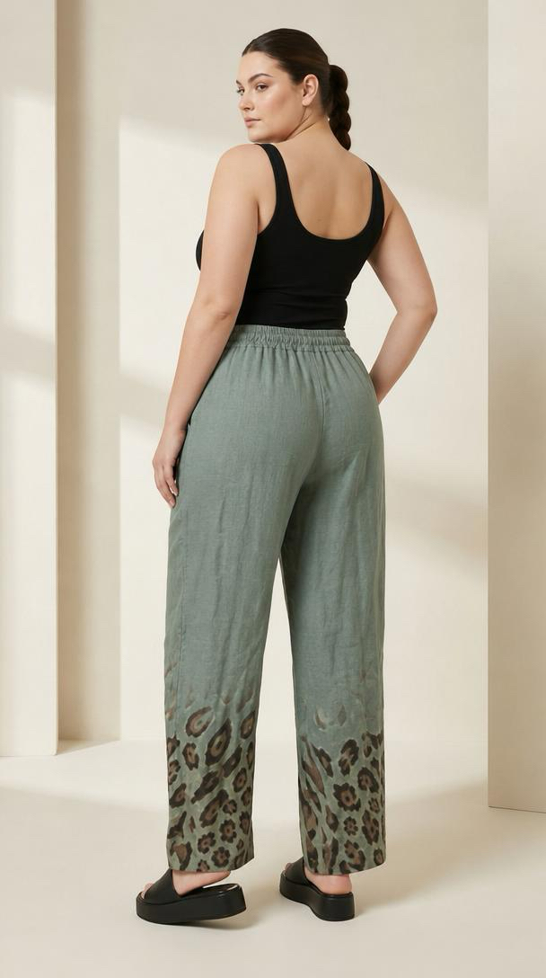 Pantaloni din in culoare salvie croială lejeră cu accent animalier