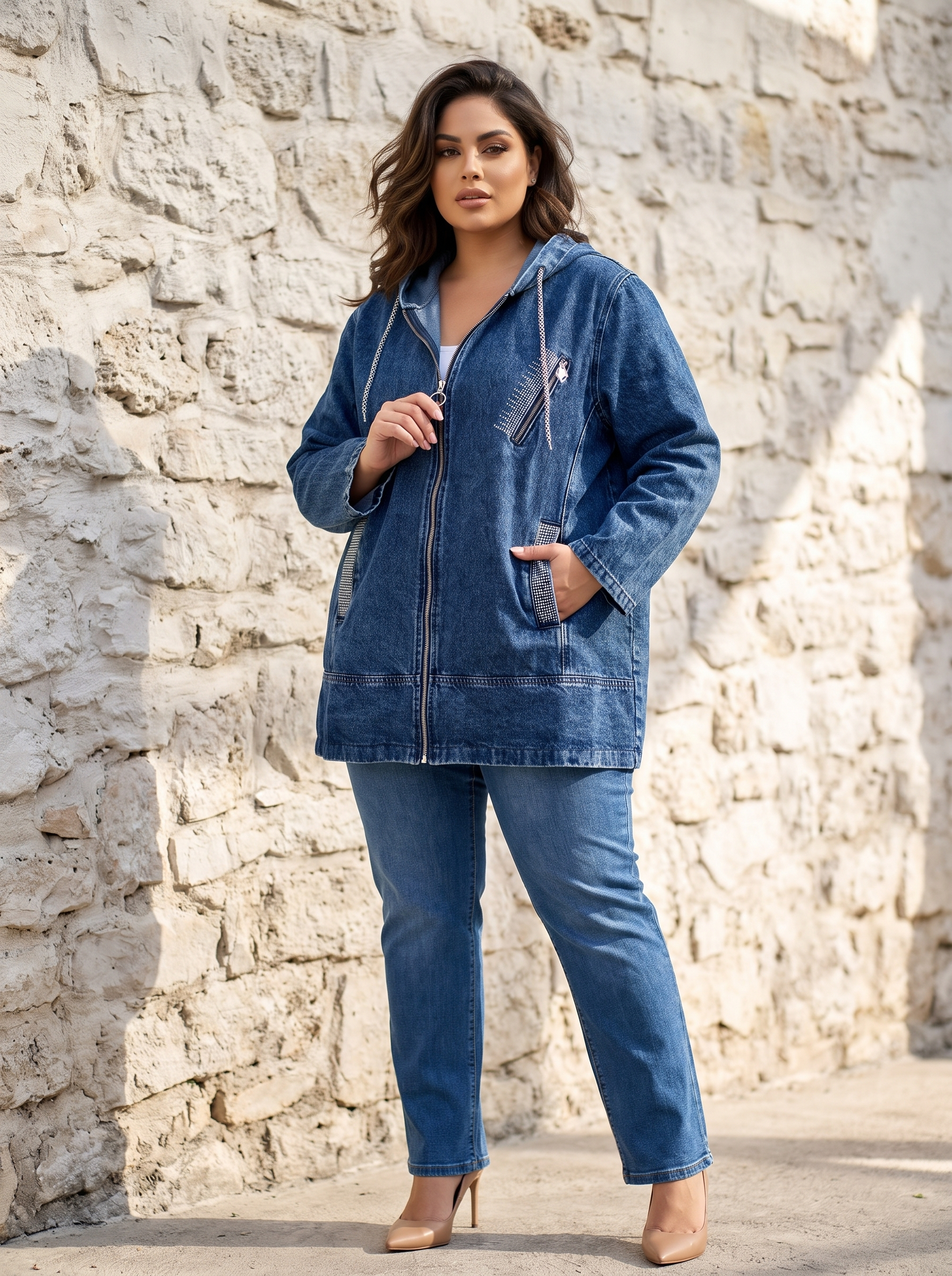 	Jachetă maxi lungă din denim cu pietricele