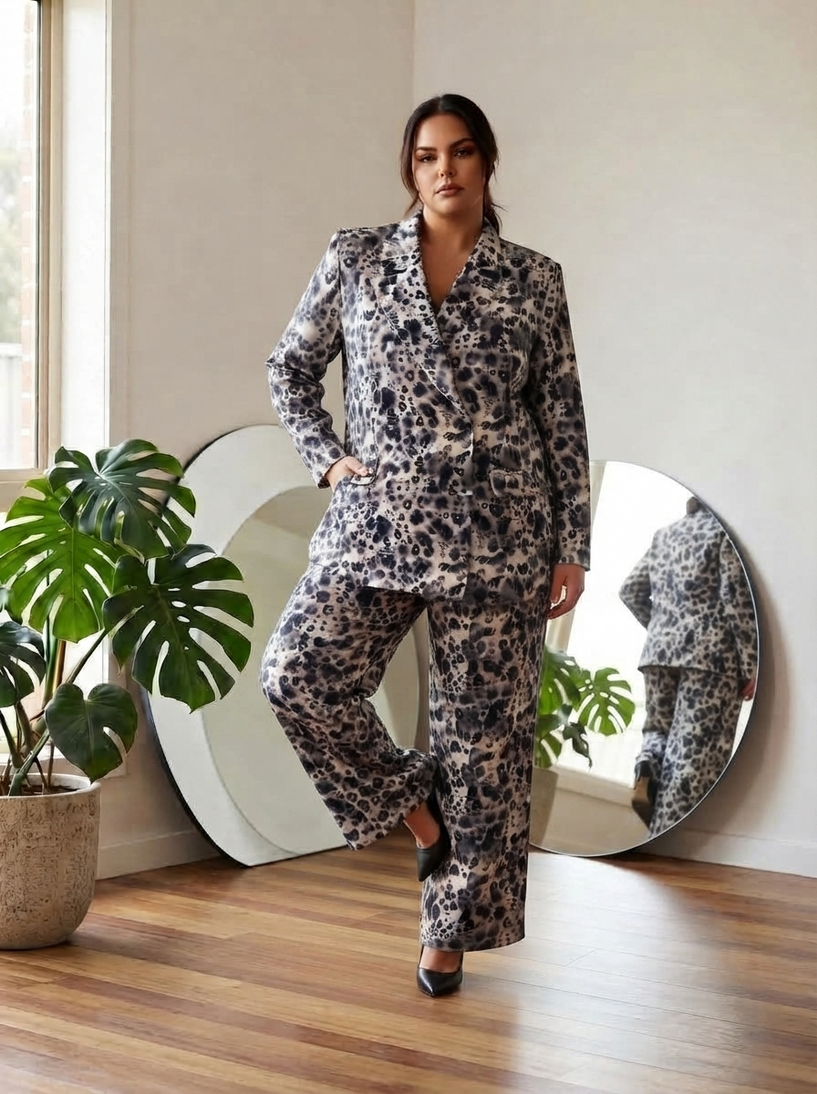 Costum de damă cu împrimeu leopard sacou și pantaloni