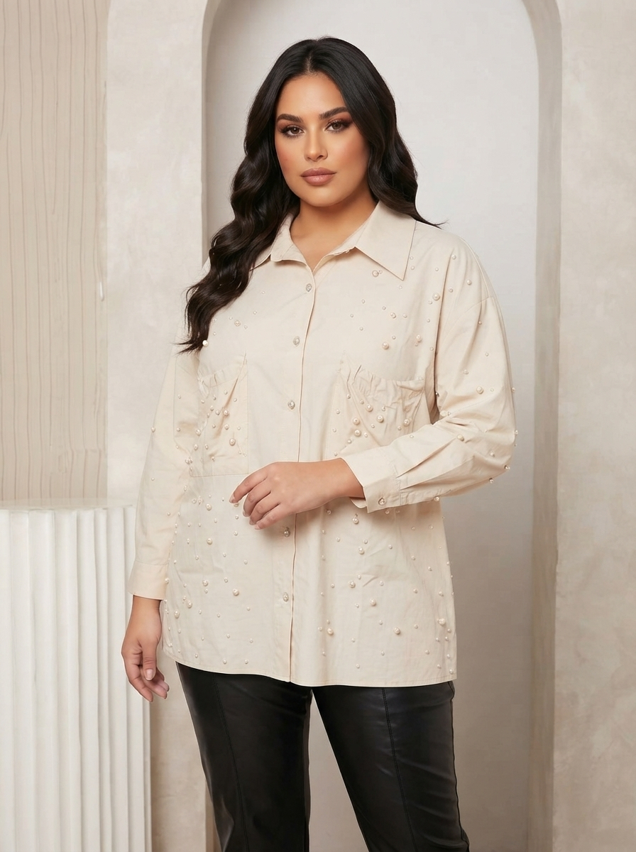 Cămașă boutique în ecru cu perle delicate