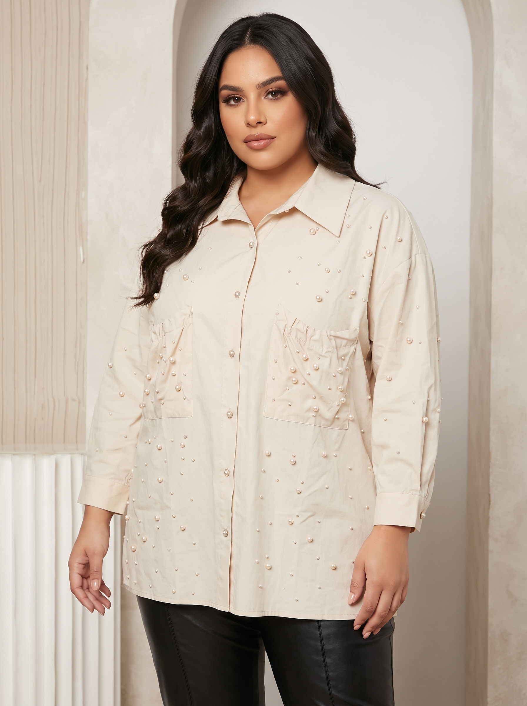 Cămașă boutique în ecru cu perle delicate