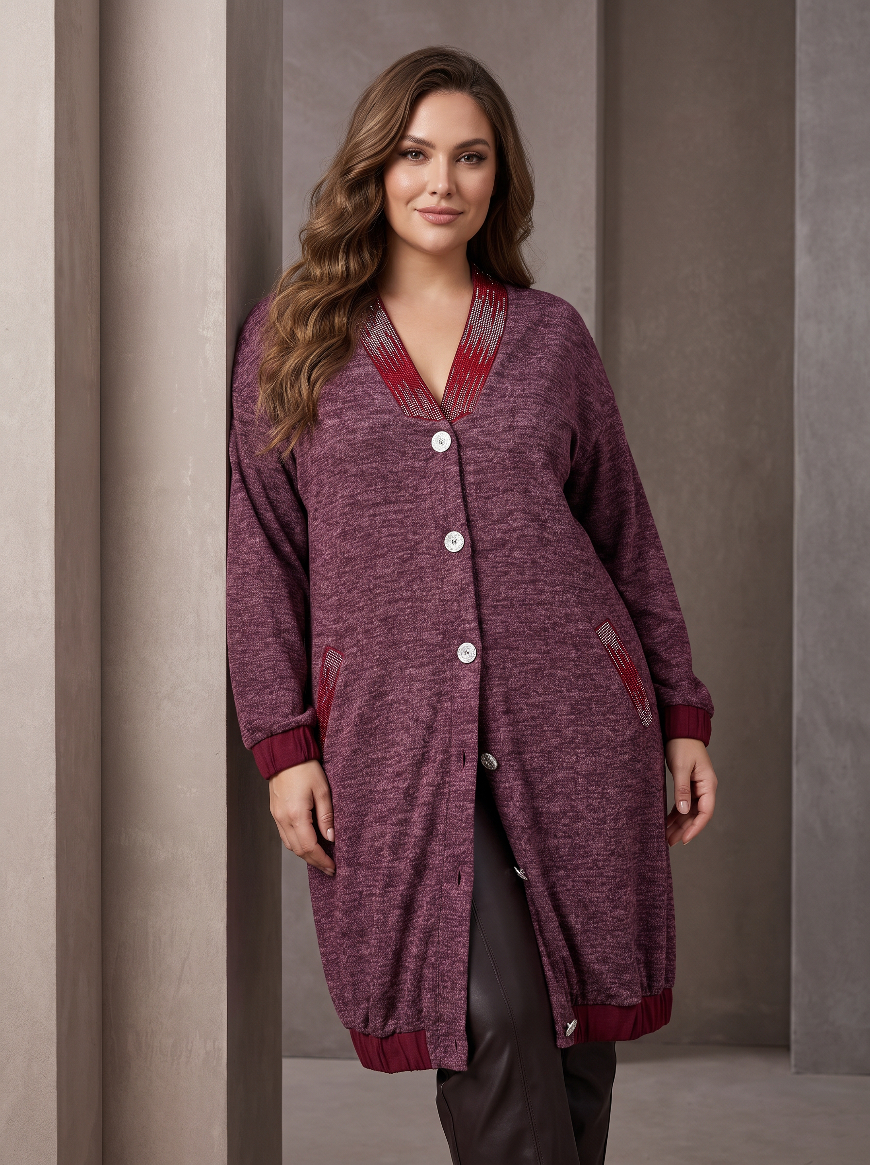 Cardigan de damă bordo melanj cu buzunare