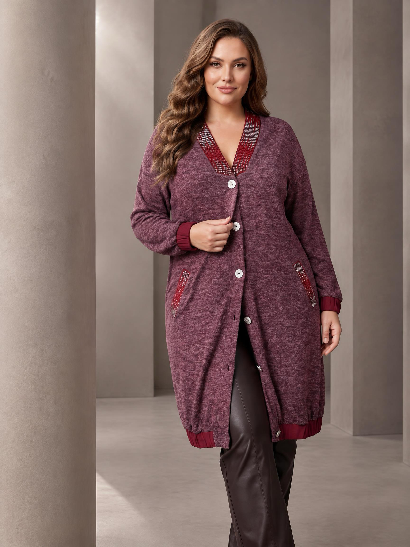 Cardigan de damă bordo melanj cu buzunare