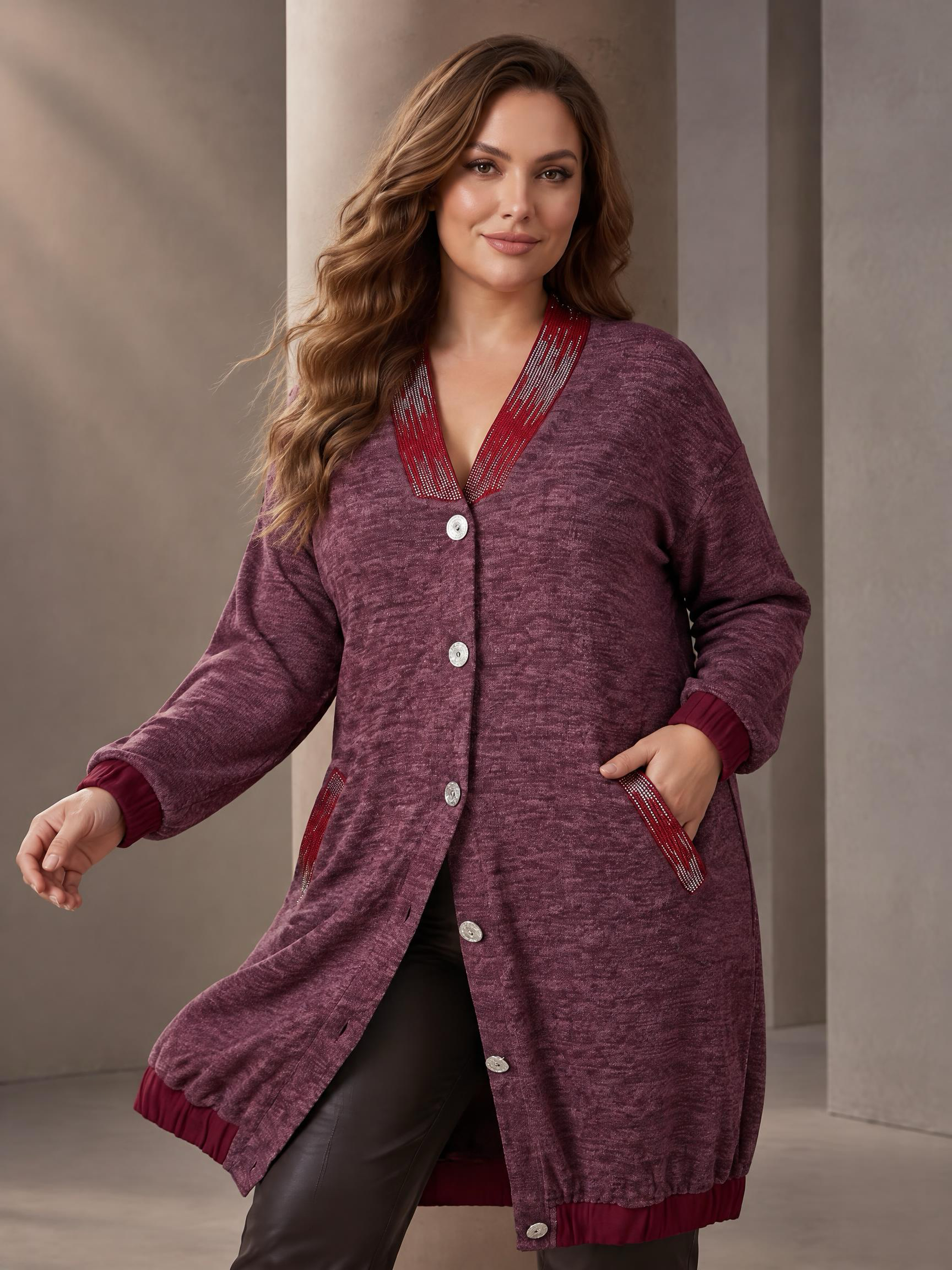 Cardigan de damă bordo melanj cu buzunare