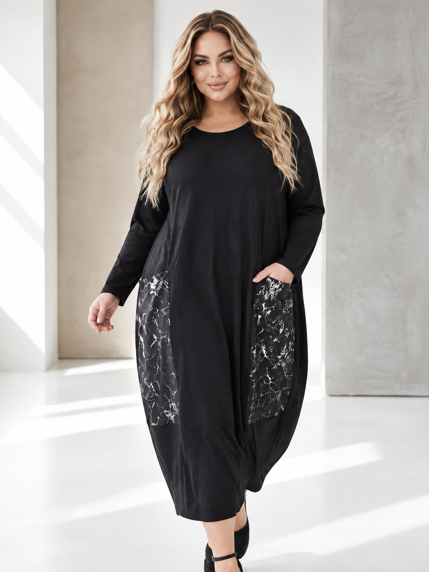 Rochie lungă stilată croială lejeră neagră cu accente marmurate