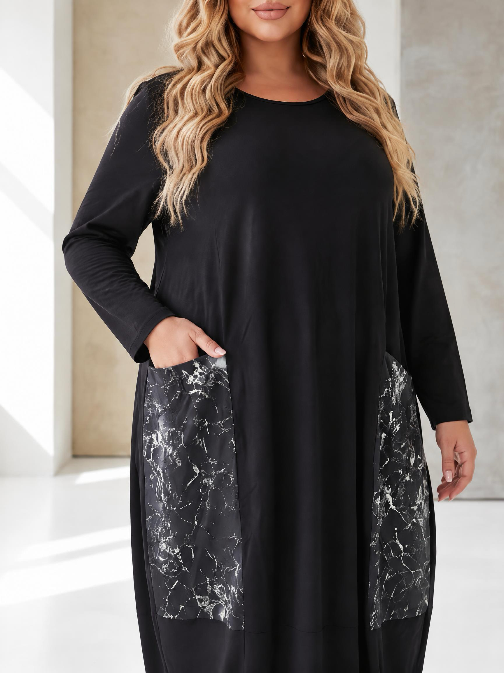 Rochie lungă stilată croială lejeră neagră cu accente marmurate