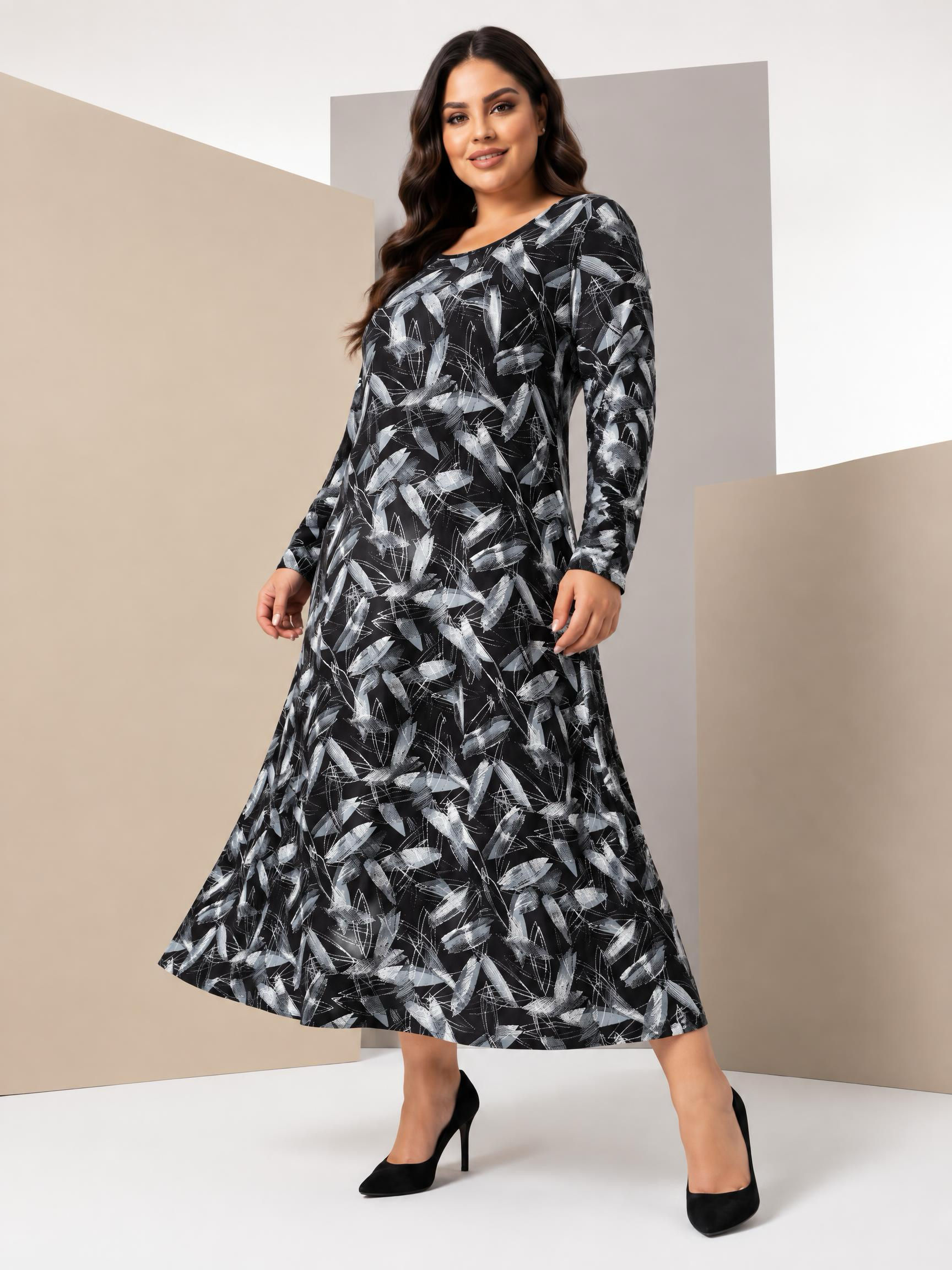 Rochie lungă neagră cu împrimeu elegant de frunze gri