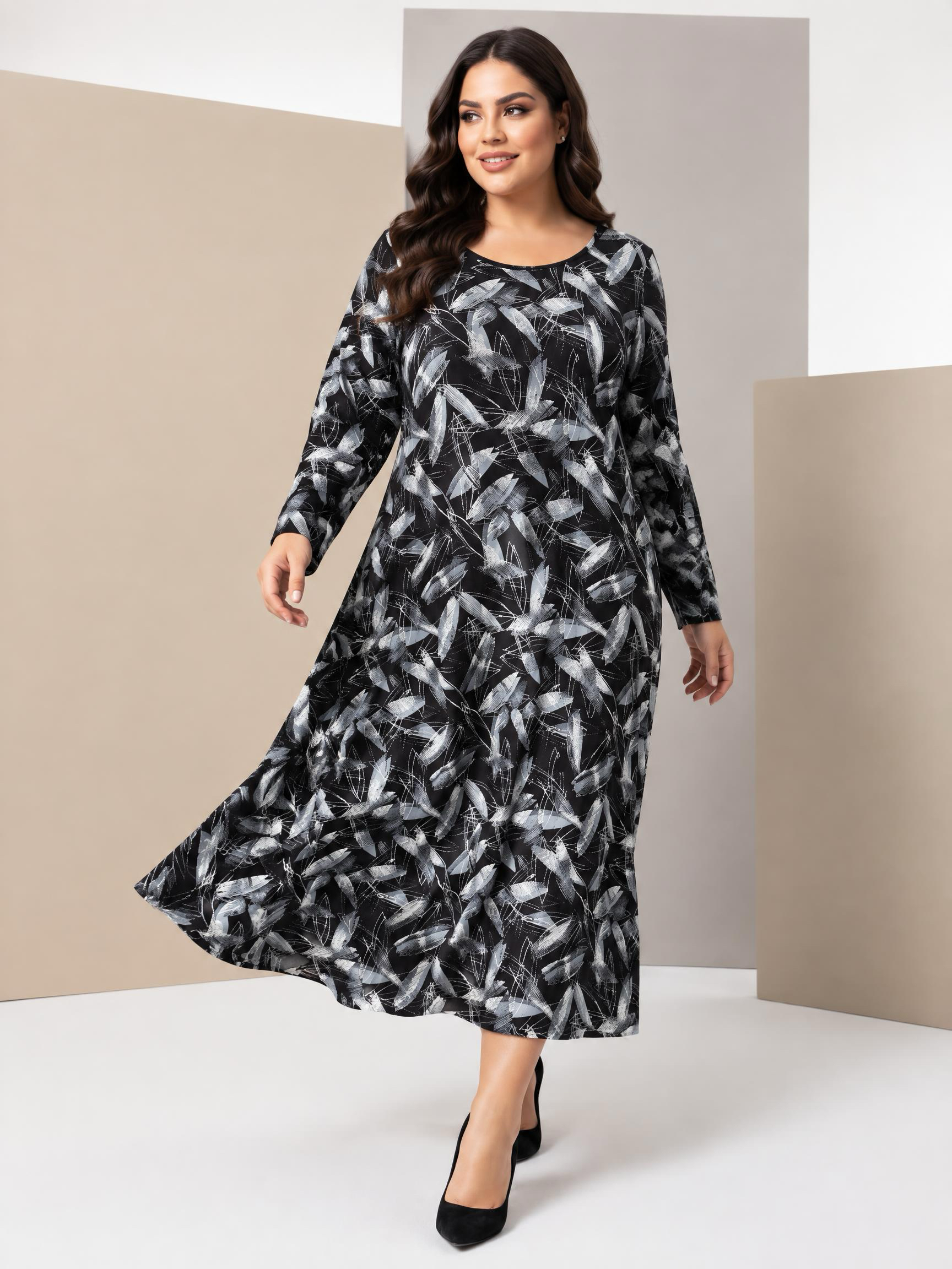 Rochie lungă neagră cu împrimeu elegant de frunze gri