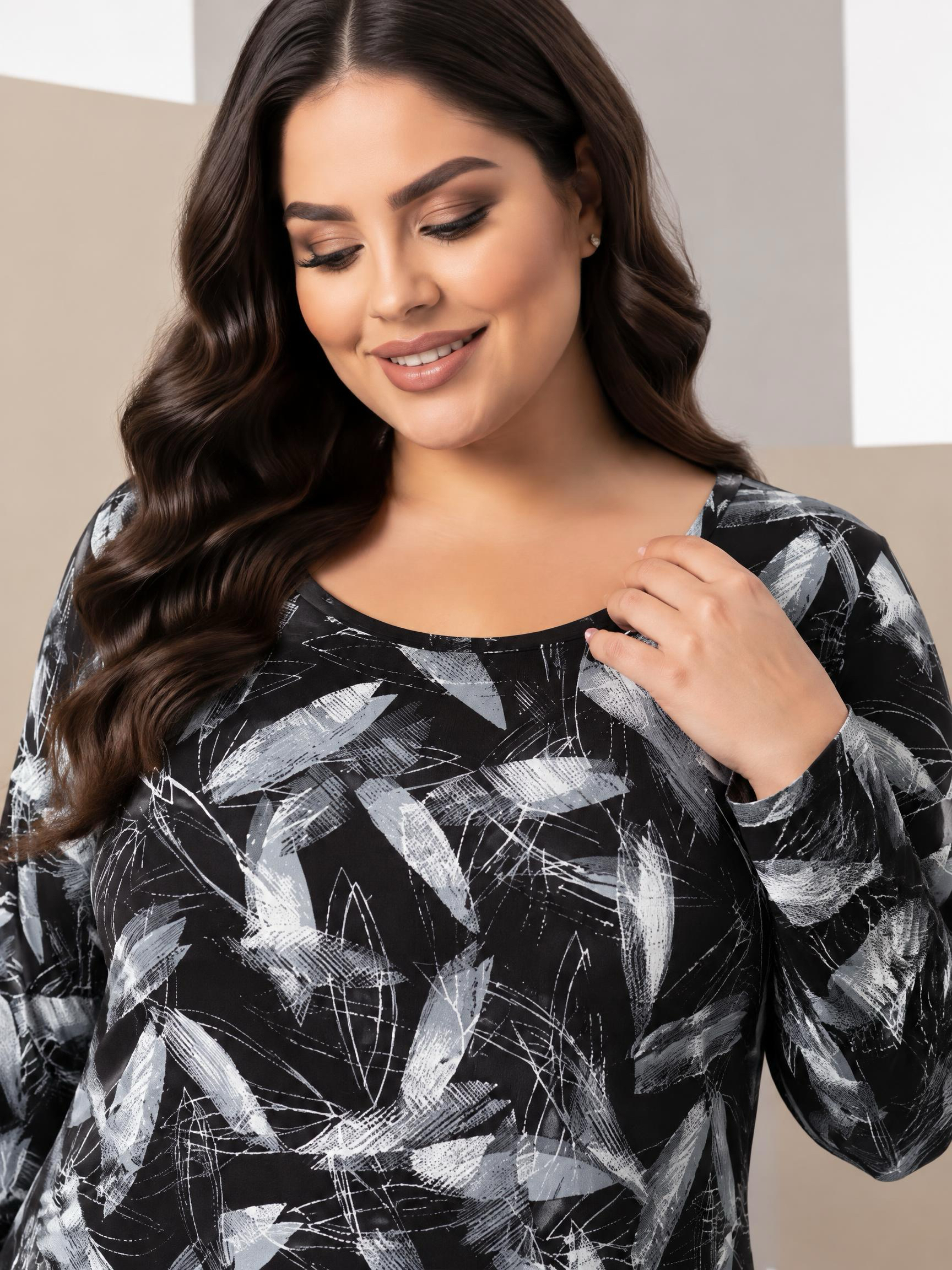 Rochie lungă neagră cu împrimeu elegant de frunze gri