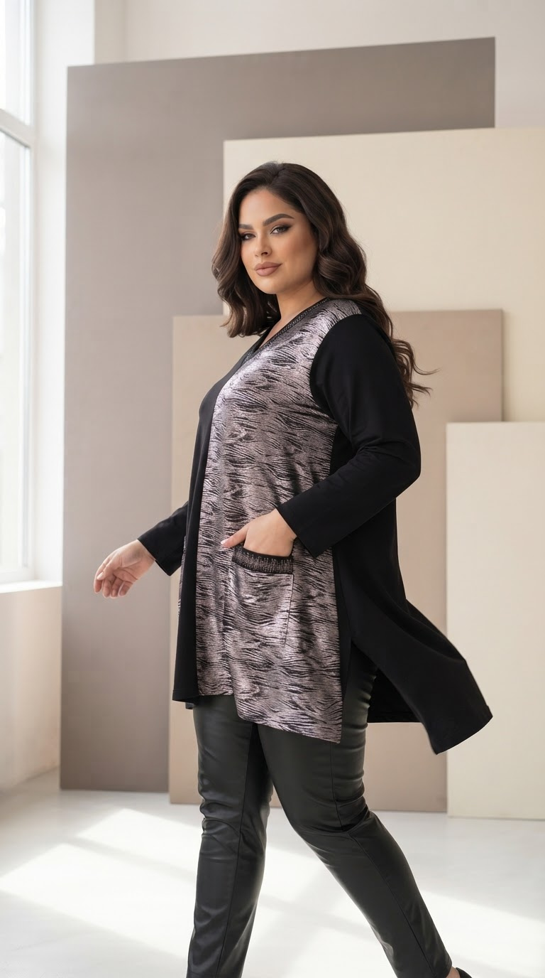 Tunică elegantă cu material impermeabil argintiu și pietricele