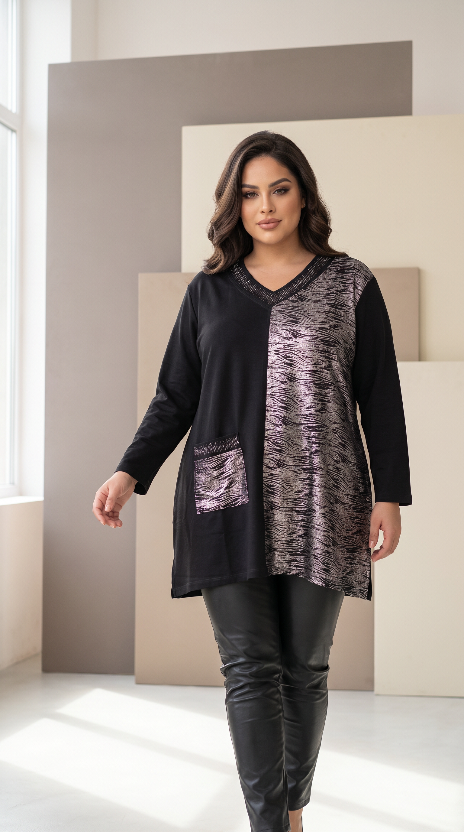 Tunică elegantă cu material impermeabil argintiu și pietricele