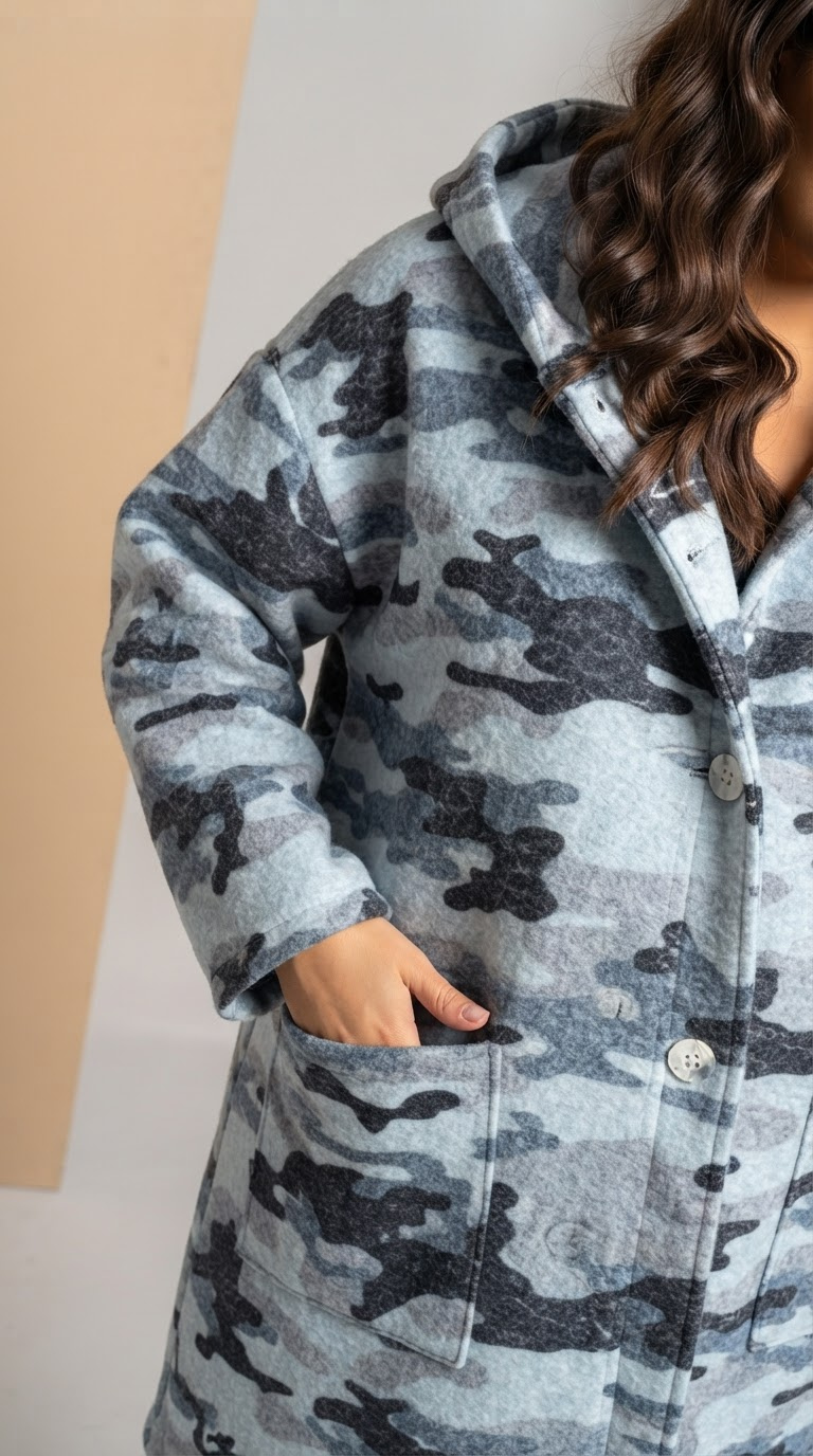 Palton cu glugă țesătură boucle nuanțe gri camuflaj
