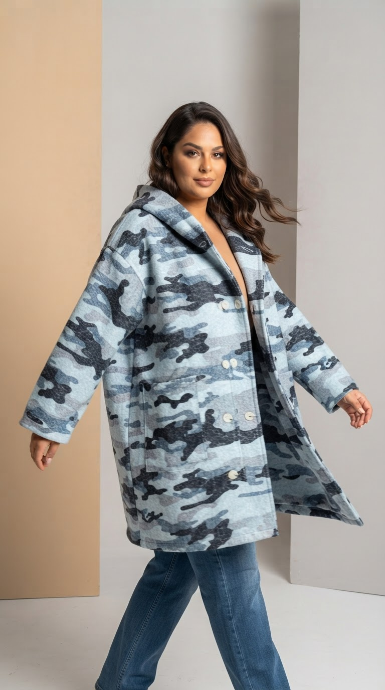 Palton cu glugă țesătură boucle nuanțe gri camuflaj
