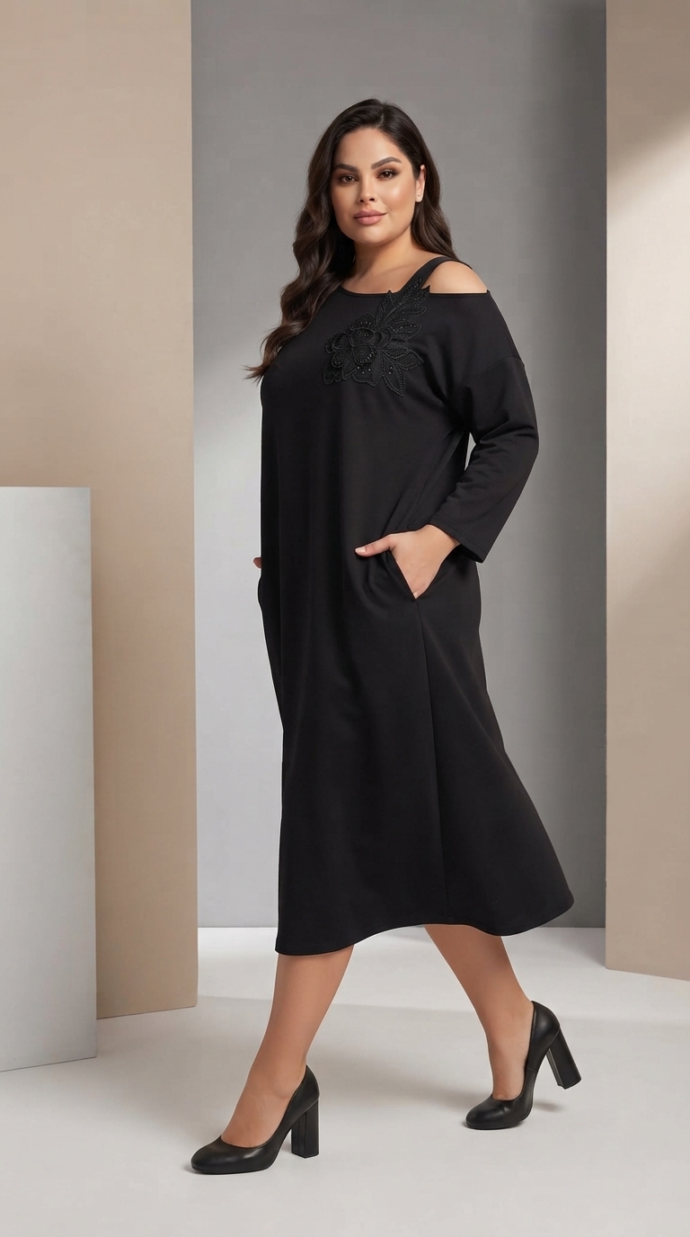 Rochie neagră marime MAXI cu floare 3D
