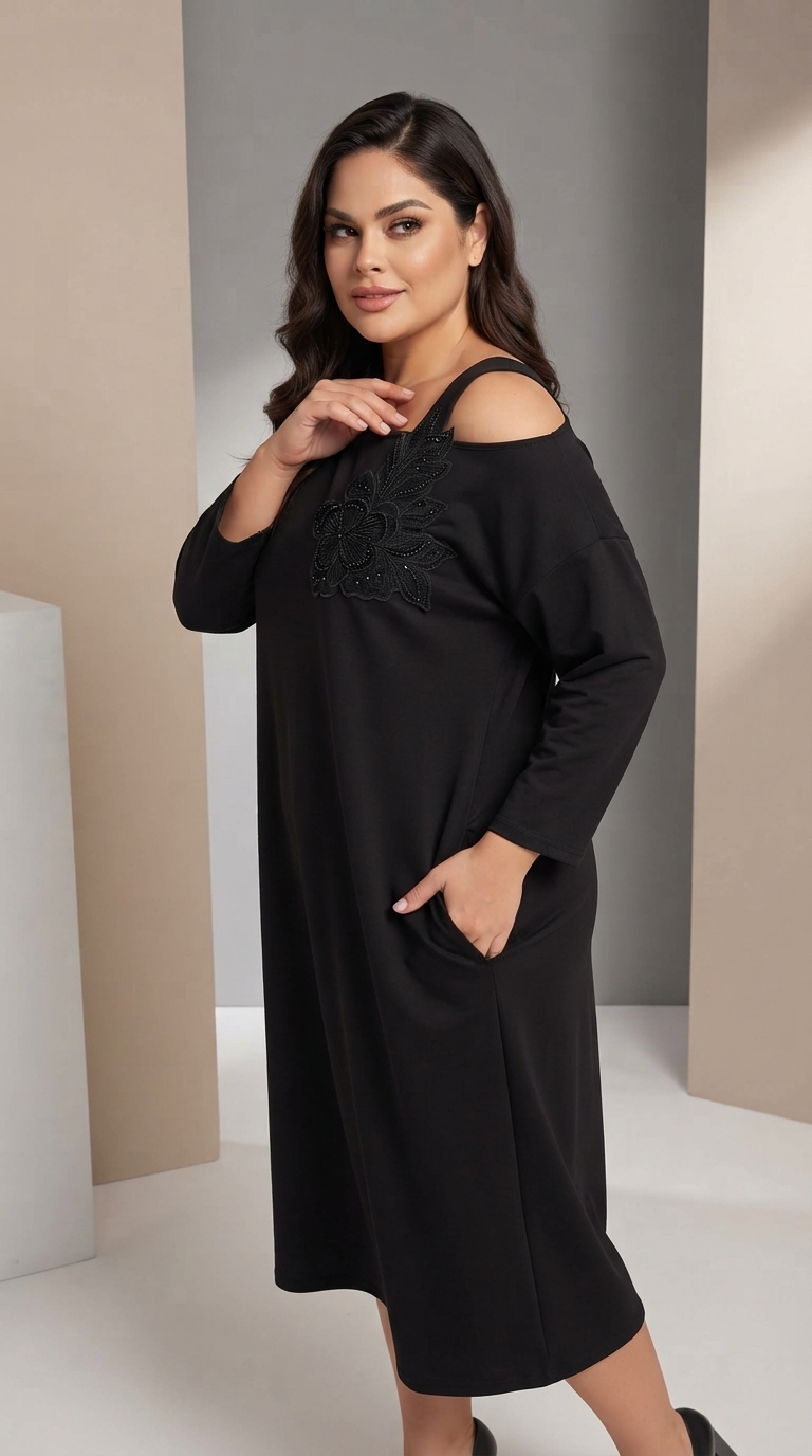Rochie neagră marime MAXI cu floare 3D