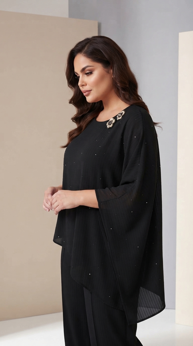 Compleu negru de designer cu tunică asimetrică PLUS SIZE
