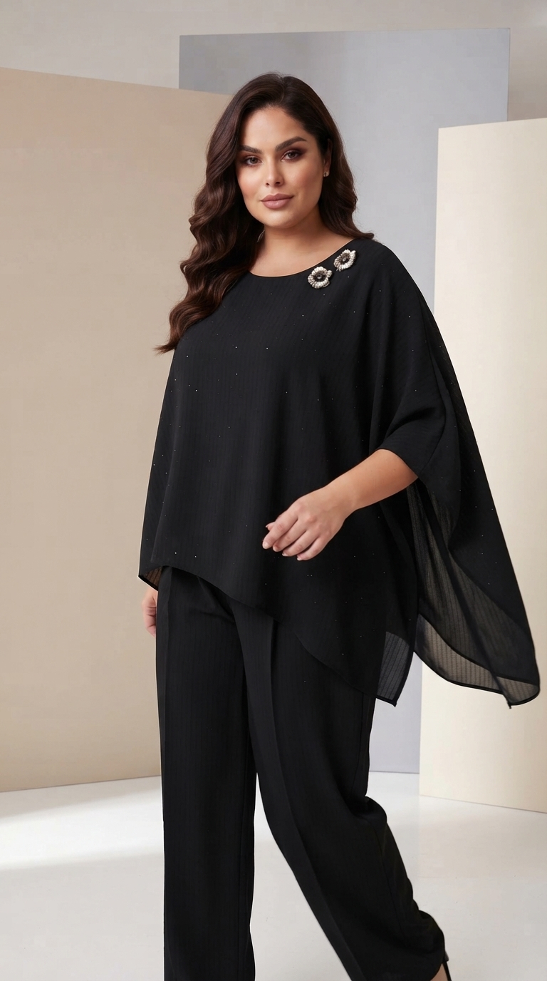 Compleu negru de designer cu tunică asimetrică PLUS SIZE