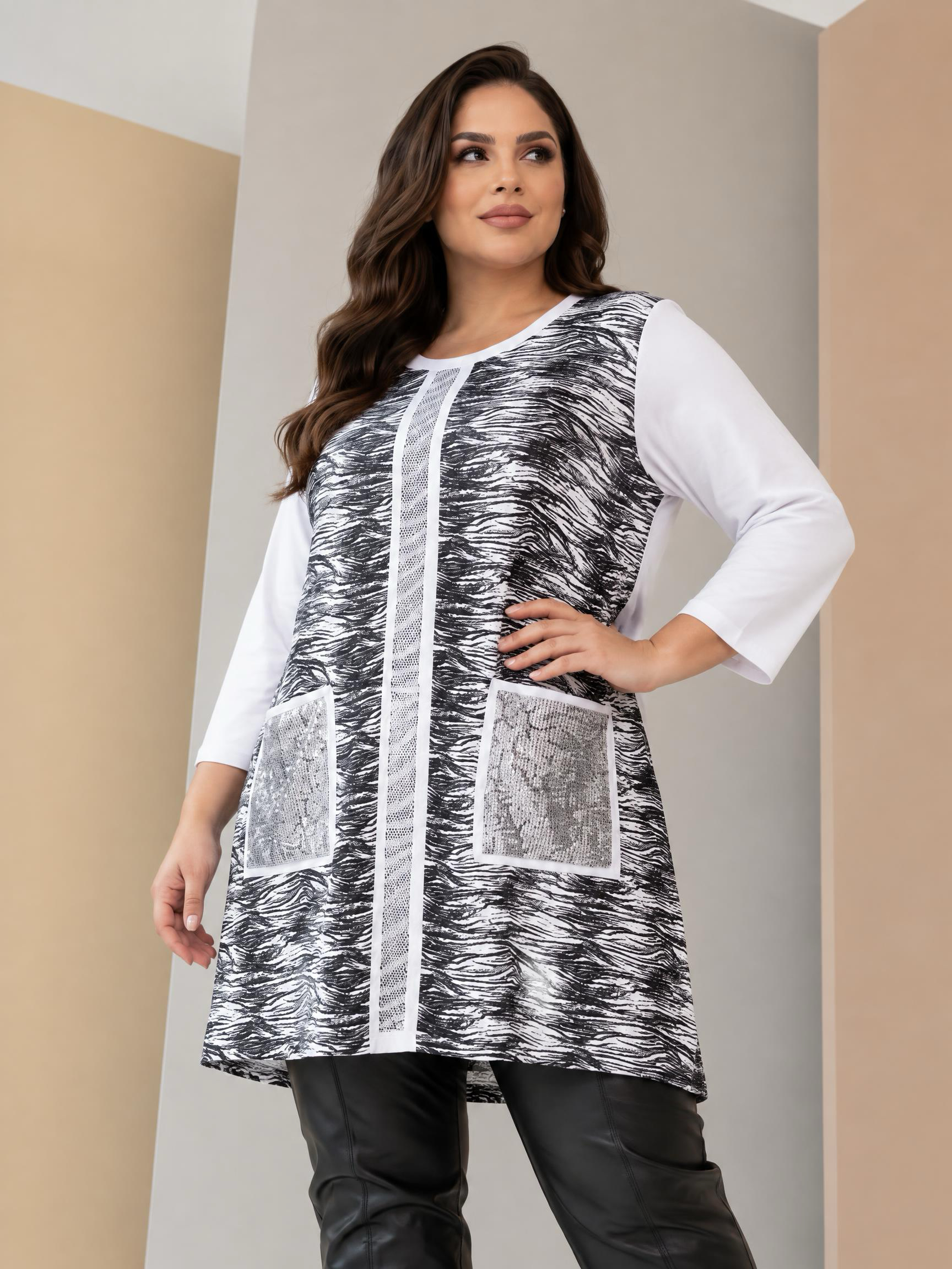 Tunică elegantă alb-negru melanj cu buzunare