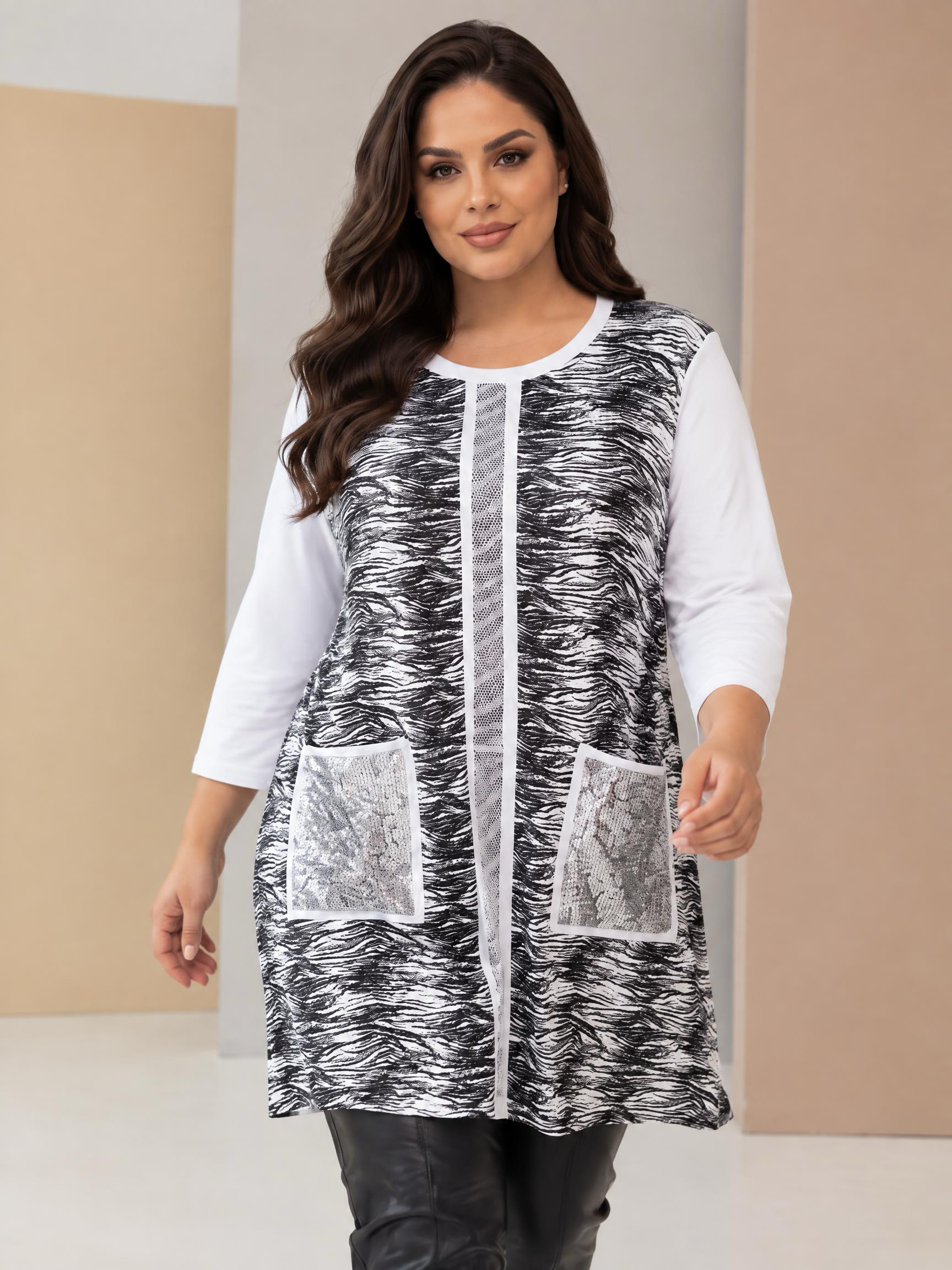 Tunică elegantă alb-negru melanj cu buzunare