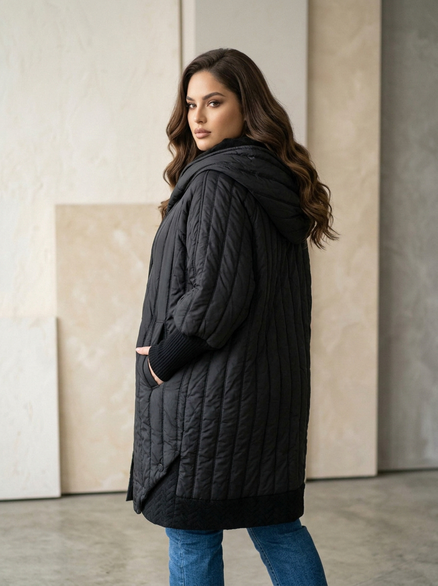 Geacă maxi de iarnă neagră din colecția designer